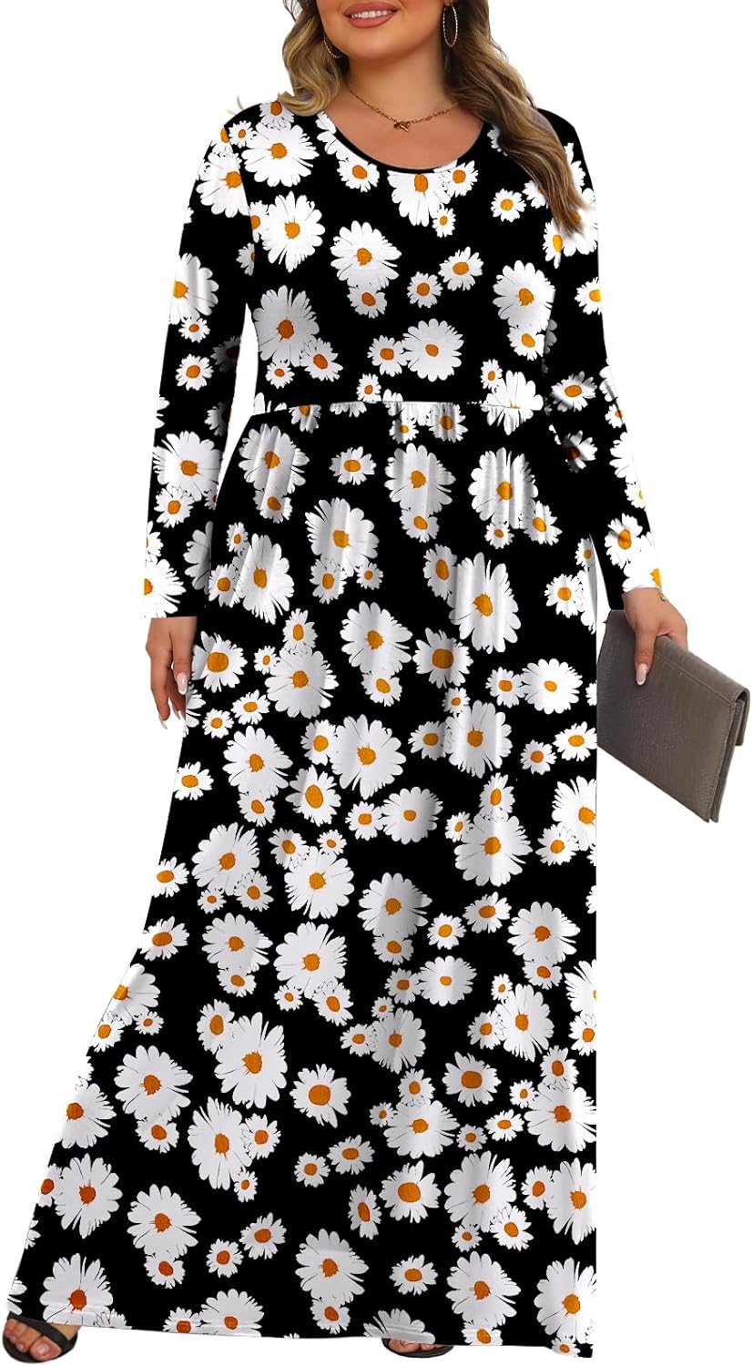 Tencede Womens Plus Size Maxi Dresses Long Sleeve with Pockets Casual Long Dress 1X-5X - Image 3