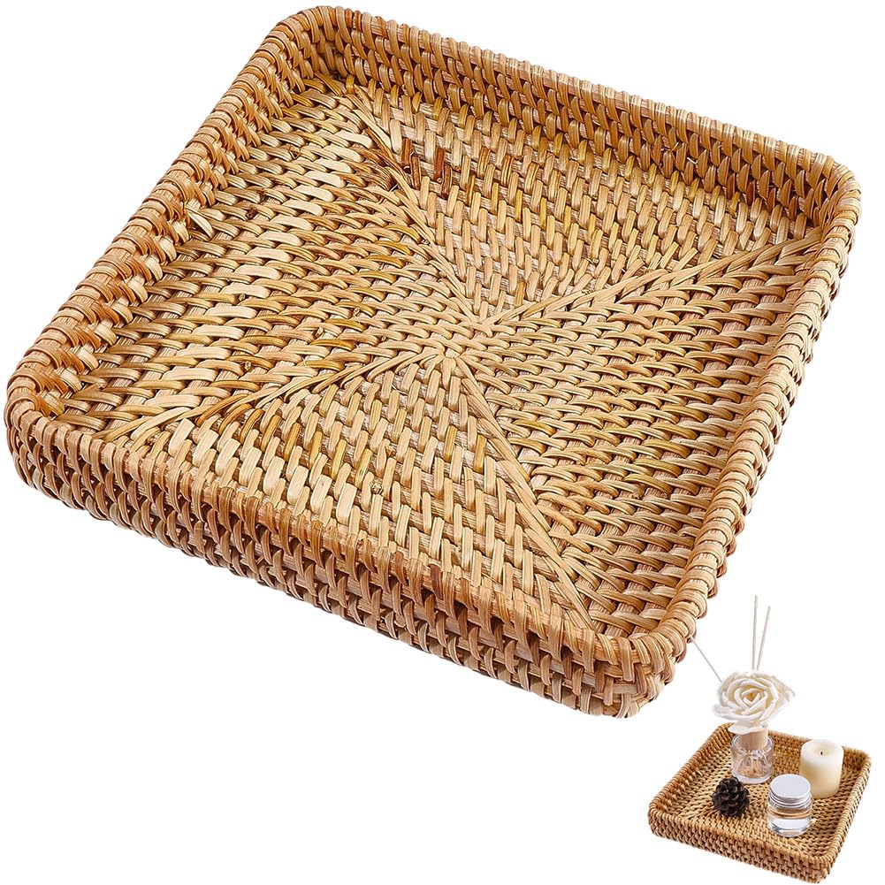 CRASPIRE Vassoio da Portata Quadrato in Rattan Vassoio in Vimini Intrecciato Marrone Stile Boho da Tavolo Scrivania Organizer Decorativo per Cassetti per Chiavi Frutta Cibo Casa Cucina Ristorante