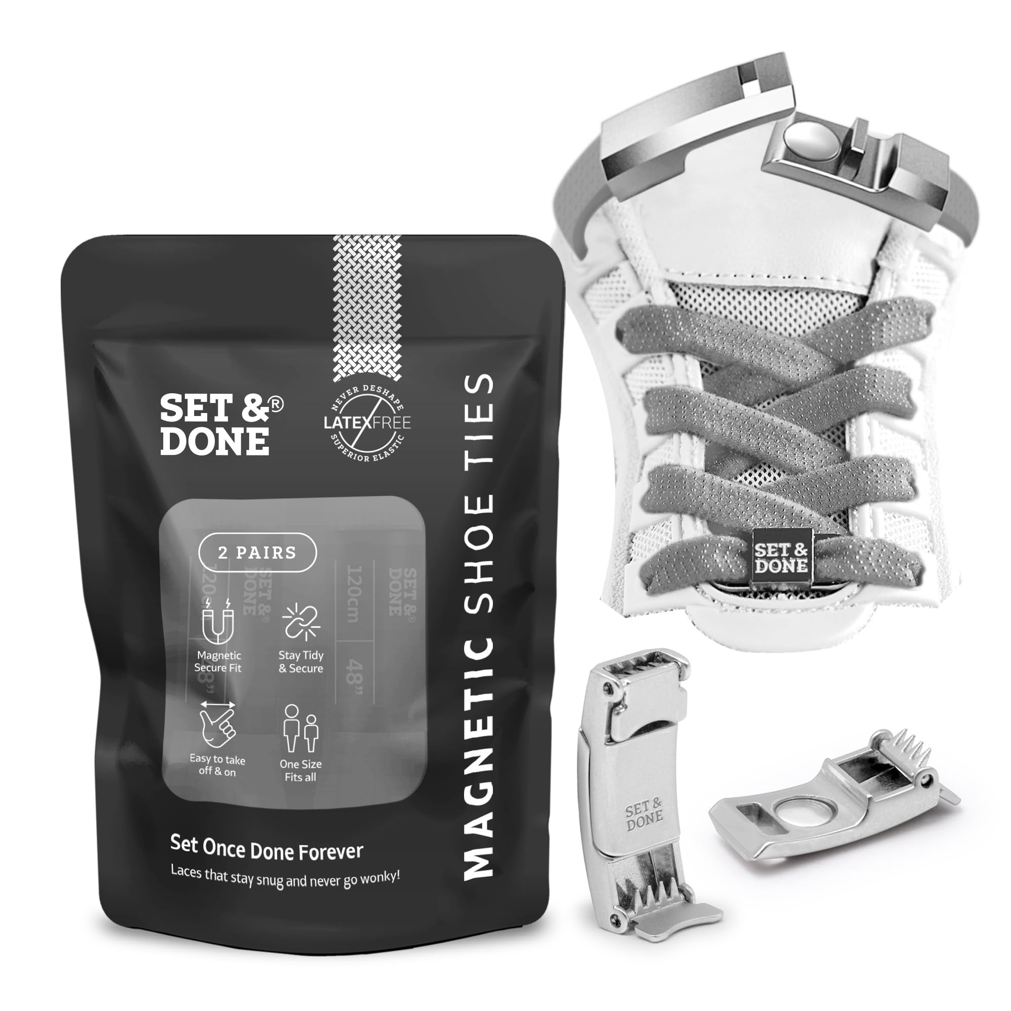 Set & Done 2 Pair Flat Elastic Shoelaces with Magnet Lock - No Tie Shoe Laces for Adults and Kids