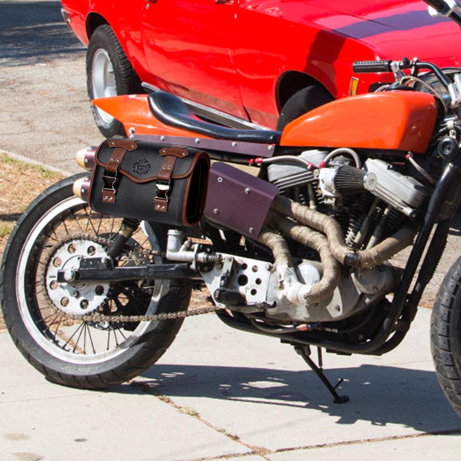Pour guidon de moto - Rouleau d'outils en cuir vintage, sacoche de