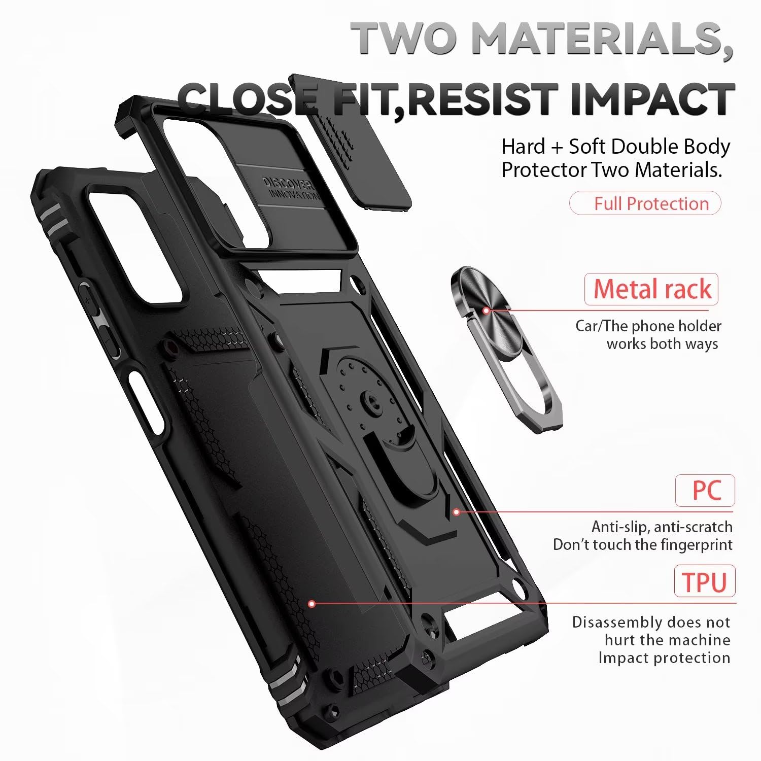 Custodia Per Xiaomi POCO M5S / Redmi Note 10S/10 – Cover Antiurto Con Sportellino Scorrevole Per Fotocamera E Anello Rotante 360°
