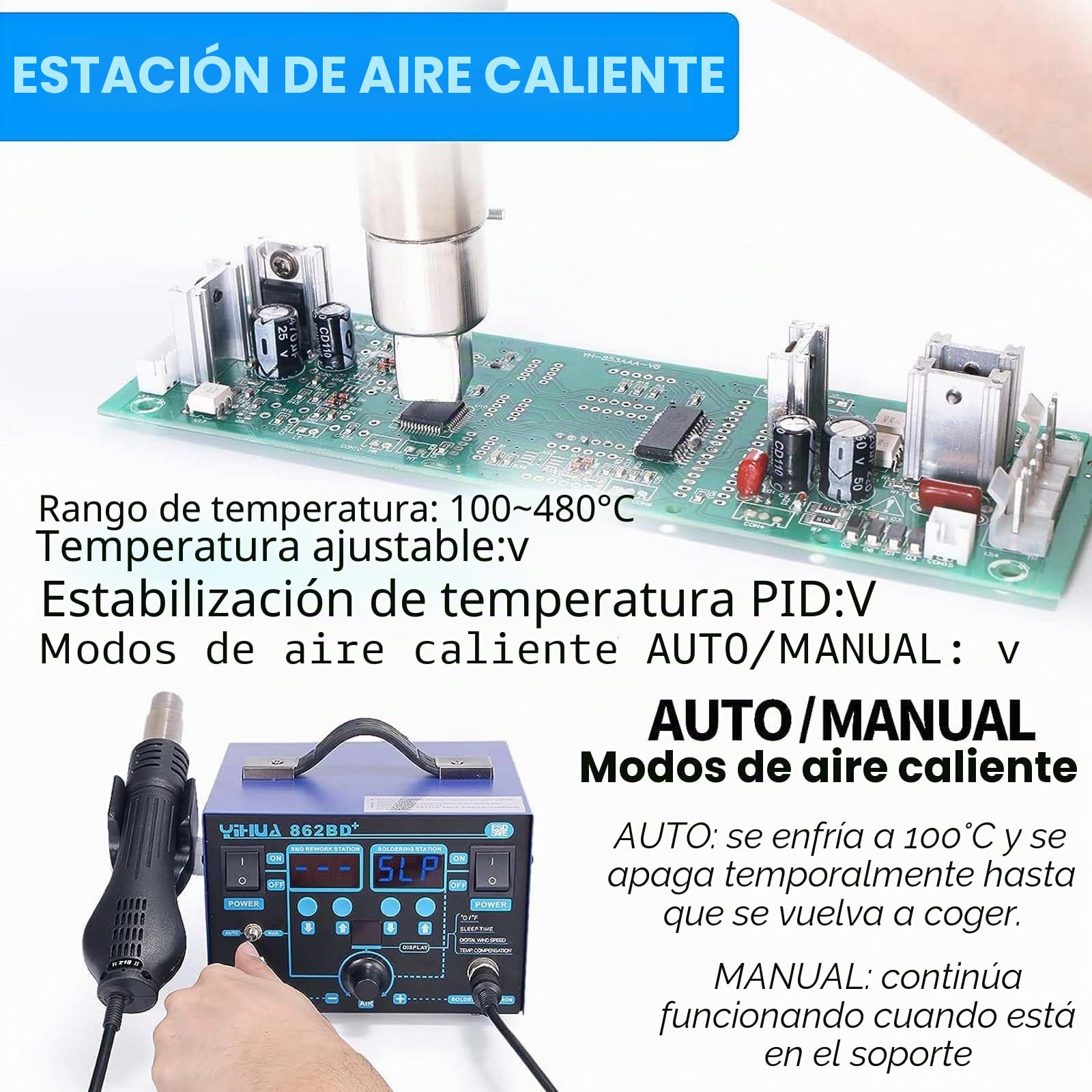 YIHUA 862BD+ Estación De Soldadura 2 En 1 SMD Con Soldador Aire Caliente Y Soldador Estaño Profesional, Estabilización De Temperatura Para Electrónica, DIY, retrabajos Y Reparaciones (UE)