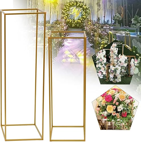 Miniatura 5 de DouSeiAi 2 piezas de soporte de flores de boda centros de mesa de metal para mesas, florero de plantas de flores, jarrón dorado alto, columna