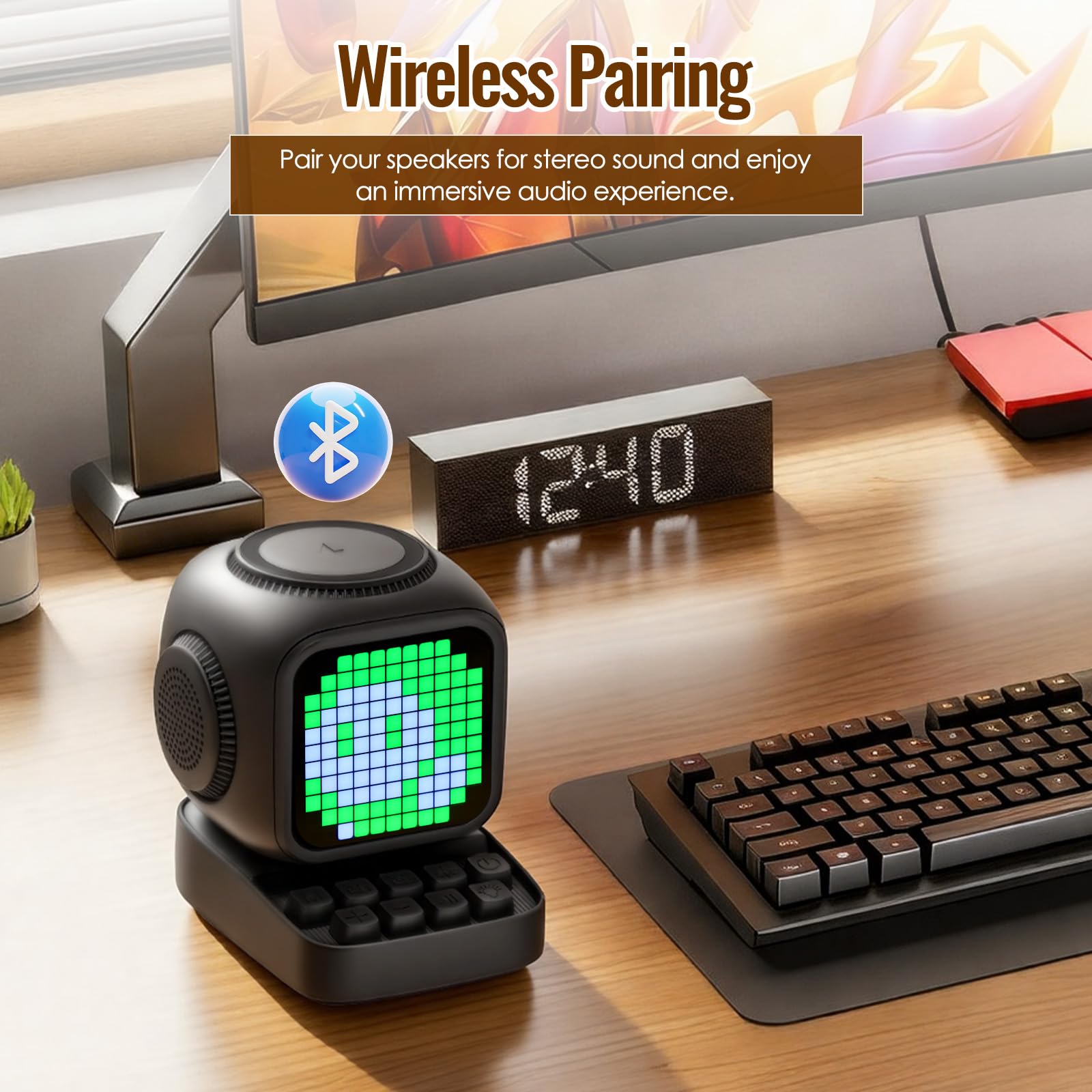 Cassa Bluetooth Portatile Potente 15W con stazione di ricarica induttiva, orologio da tavolo digitale intelligente, sveglia con rumore bianco, per scrivania, ufficio, adatto come regalo (Nero)