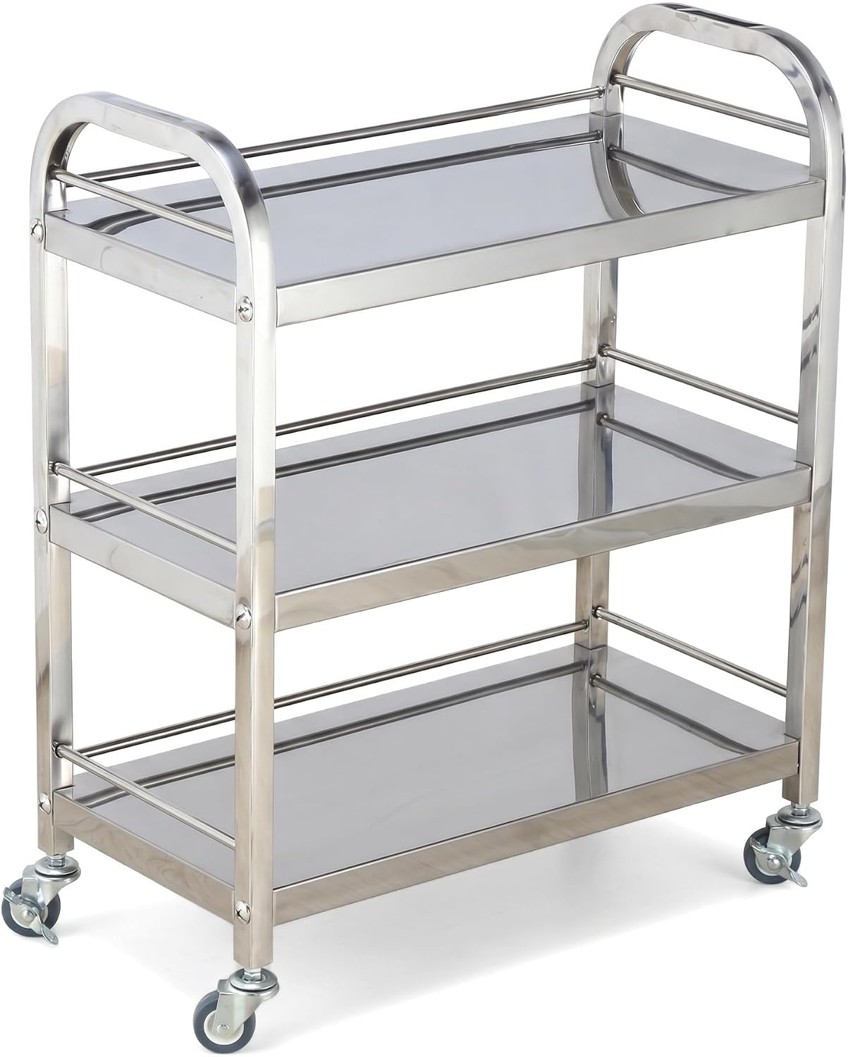 Aetherion 3 Tier Stainless Steel Utility Cart, Rolling Serving Cart, Mobile Bar Storage Cart with Swivel Casters and Safety Guardrail, for Salon, Clinic, Home Bar, Kitchen, Hotel and Party Silver
