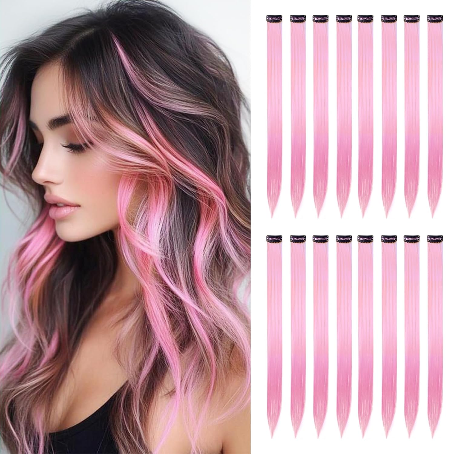 Pink Hair Extensions, 16 Pcs Colored Clip in Hair Extensions Synthetic, 22 inch Rainbow Hairpieces for Girls Women Favor Gift & Cosplay Dress Up Fashion Party Birthday (Pink Hair)