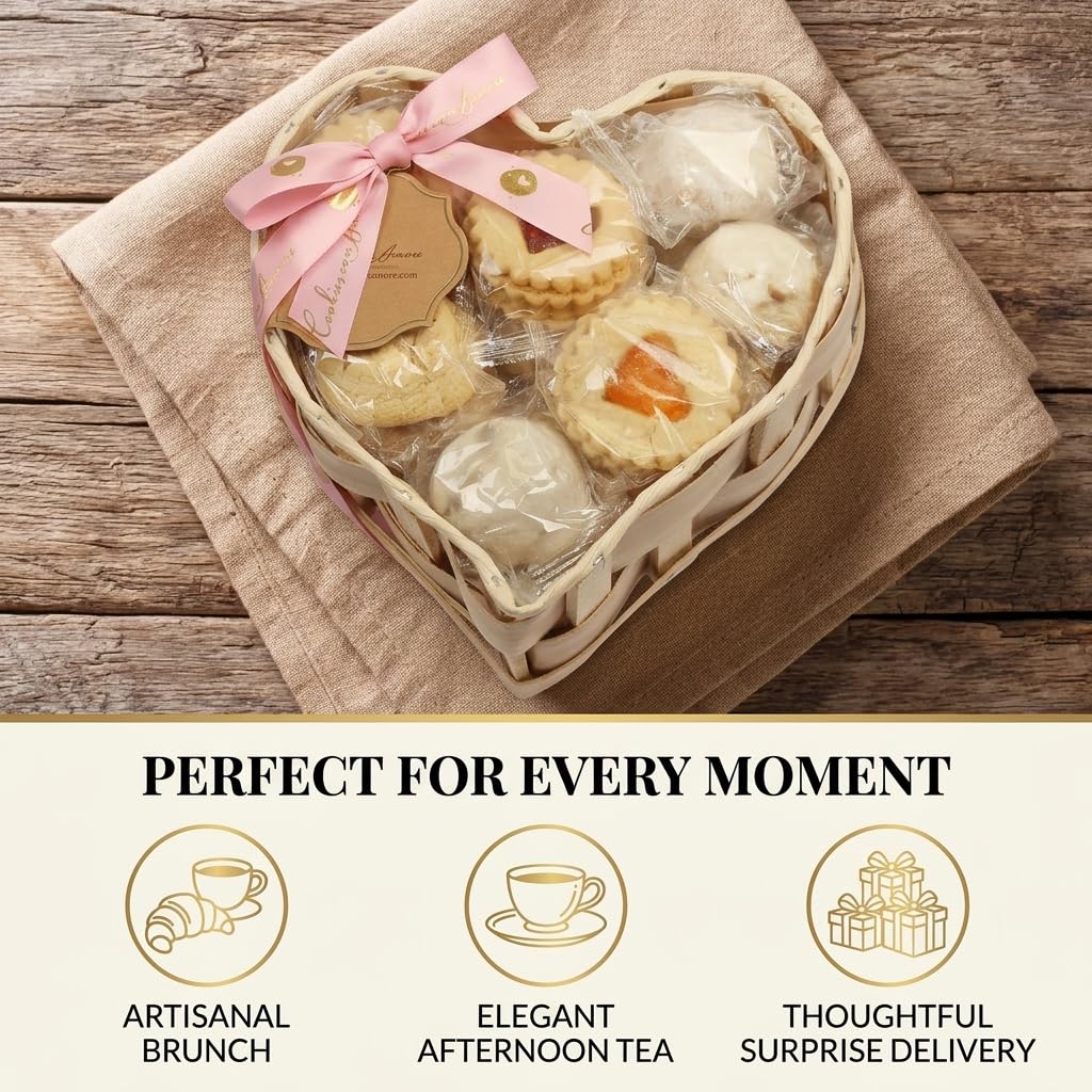 Romantic Mother's Day Cookie Gift Basket For Mom, Heart Shaped Assortment Of 5 Italian Style Flavors, Individually Wrapped 16 Ounce Bakery Treats With Coffee And Tea Pairing