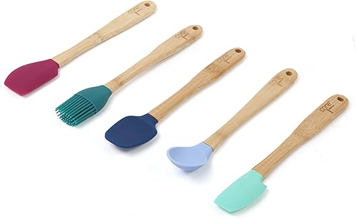 Core Kitchen Juego de 5 utensilios de silicona de 8.25" con asas de bambú, multicolor