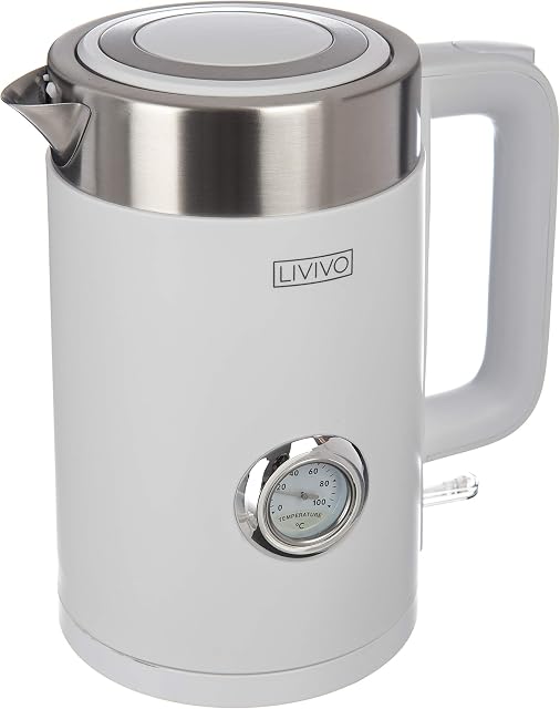 LIVIVO Sirius Electric Kettle Fast Boil Jug Hot Water Dispenser with Thermometer/Temperature Dial 3000W 1.7L BPA Free 360° Swivel Base Kitchen (White)