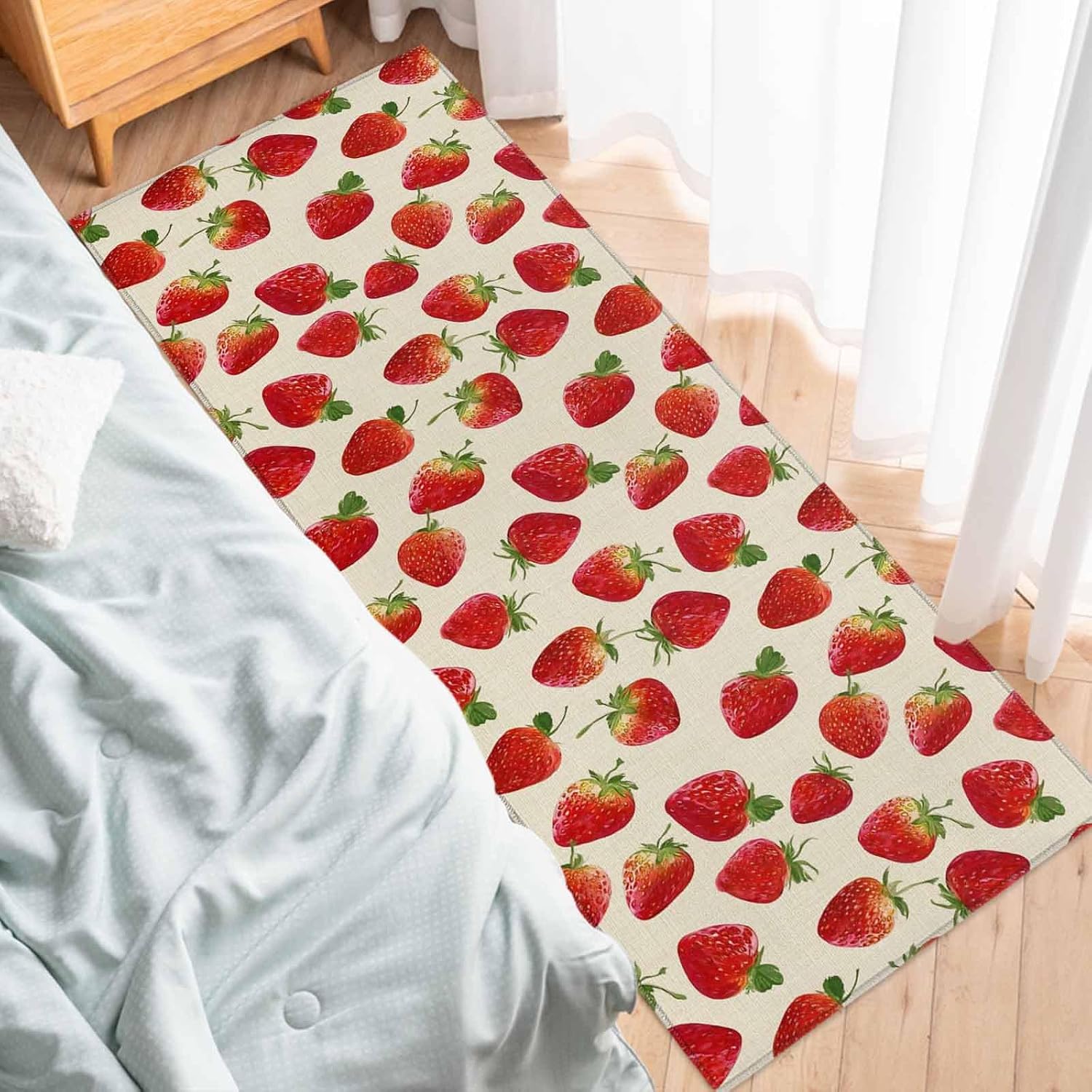 Teamery Kitchen Mats for Floor Summer Strawberry Vintage Linen Washable Non Slip Kitchen Rugs 1PCS, Farmhouse Fruit Seamless Absorbent Standing Mats for Sink Bathroom Office Living Room 23.6x70.9in