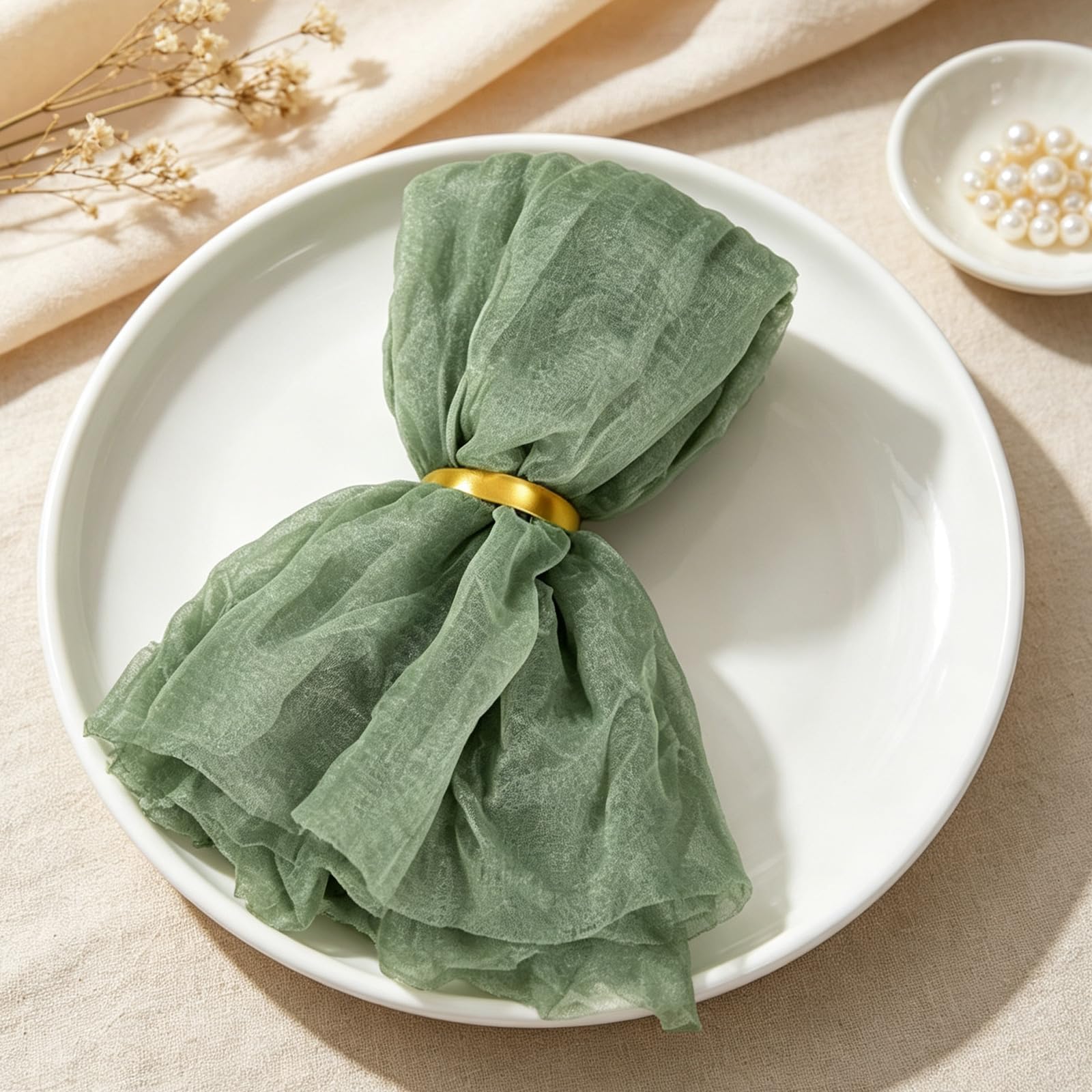 Serviettes de Table en Gaze avec Supports coordonnés, Linge de Table en Polyester réutilisable pour décoration de Table de fête, décoration de réception, Serviettes de Table en Gaze froissée,
