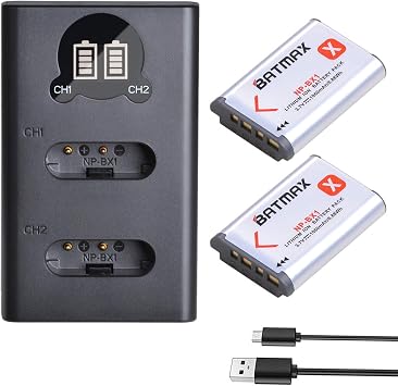 Batmax 2Pcs 1860mAh NP-BX1 Battery + LCD Dual USB Charger with Type C Port for Sony NP-BX1/M8, Cyber-Shot DSC-HX80, HX90V, HX95, HX99, HX350, RX1, RX1R II, RX100 II/III/IV/V/VA/VI HDR-AS50, AS300