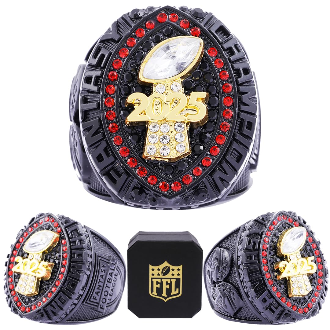 2025 Fantasy Football Championship Ring | Heavy FFL Champion Trophy Ring | Gold Silver Tone Plated Award Trophy for Fantasy Football League Winner