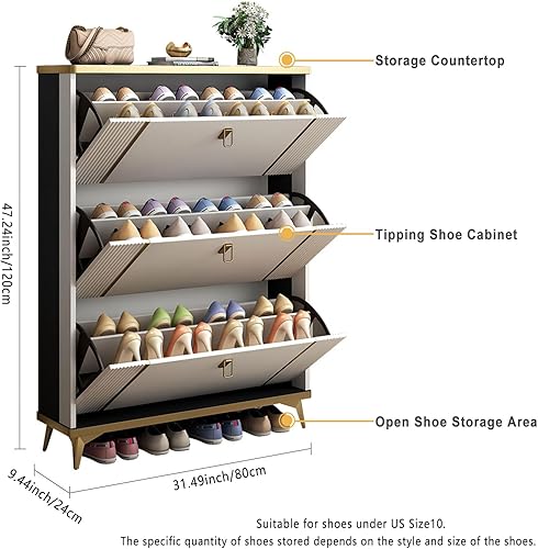 Miniatura 2 de NEW BARLEY Zapatero con 3 cajones abatibles, zapatero independiente, moderno, estrecho y delgado, escondido con puerta (gris)