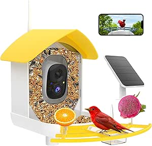 Smart Bird Feeder with Camera, Birds AI Identify, Motion Detection with Real-Time Notice, WiFi FHD Bird Camera, Auto Capture, Solar Powered Outdoor Charging Bird House, IP65 Waterproof,Yellow asin的图片