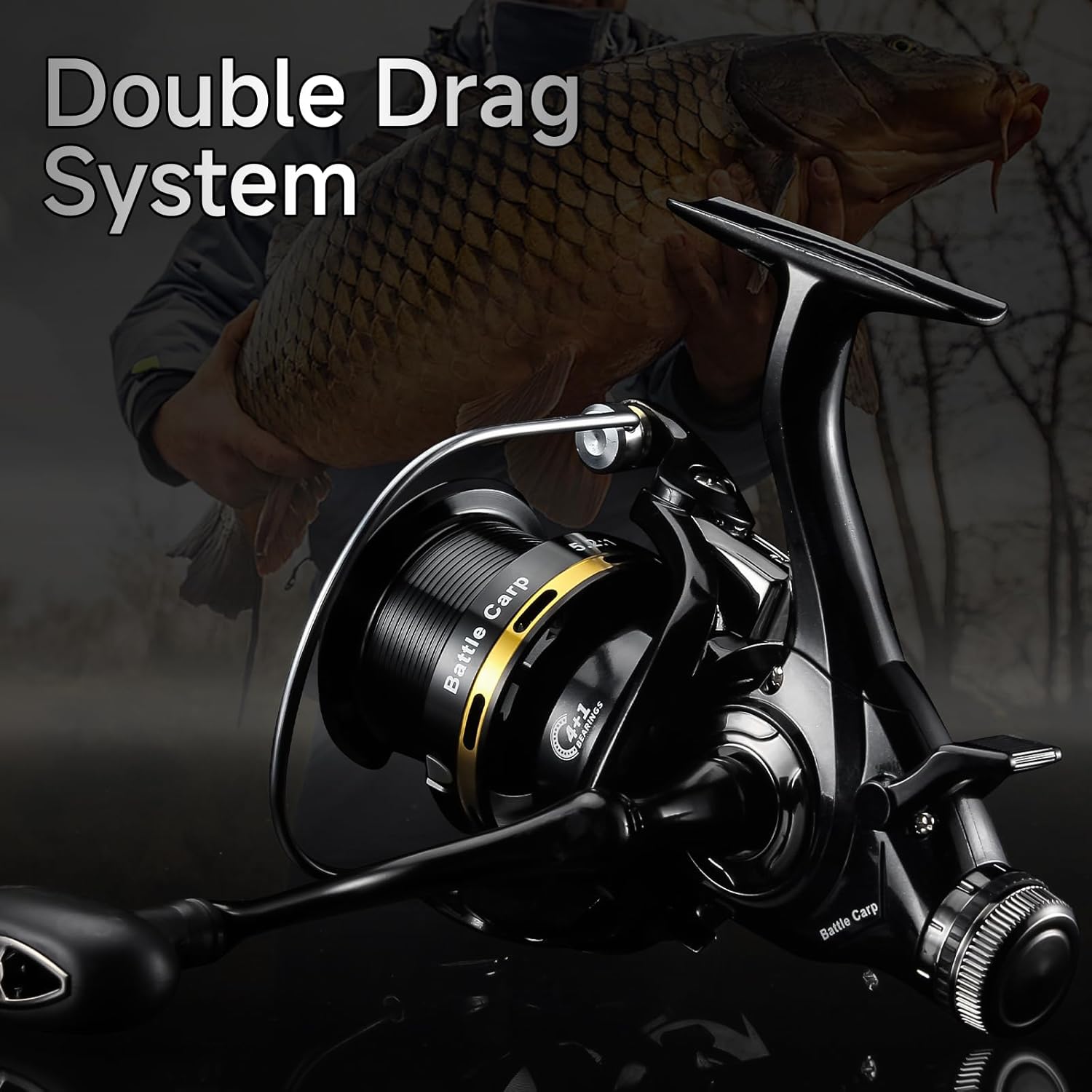 HAUT TON Battle Carp Fishing Reel, 4+1 BB Carbon Fiber Drag Spinning Reels for Saltwater Freshwater Fishing, 26.5 Lbs Powerful Max Drag Baitfeeder Fishing Reels