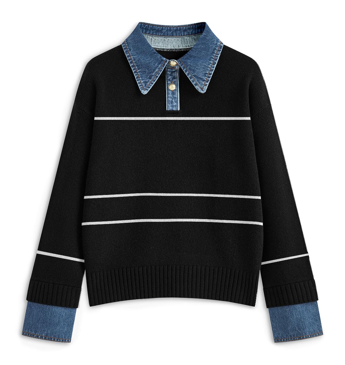 ETCYY Womens Oversized Sweater Cozy Fall Long Sleeve Button Up Denim Polo Pullover Tops Sweatshirt Tunic Collared Sweaters