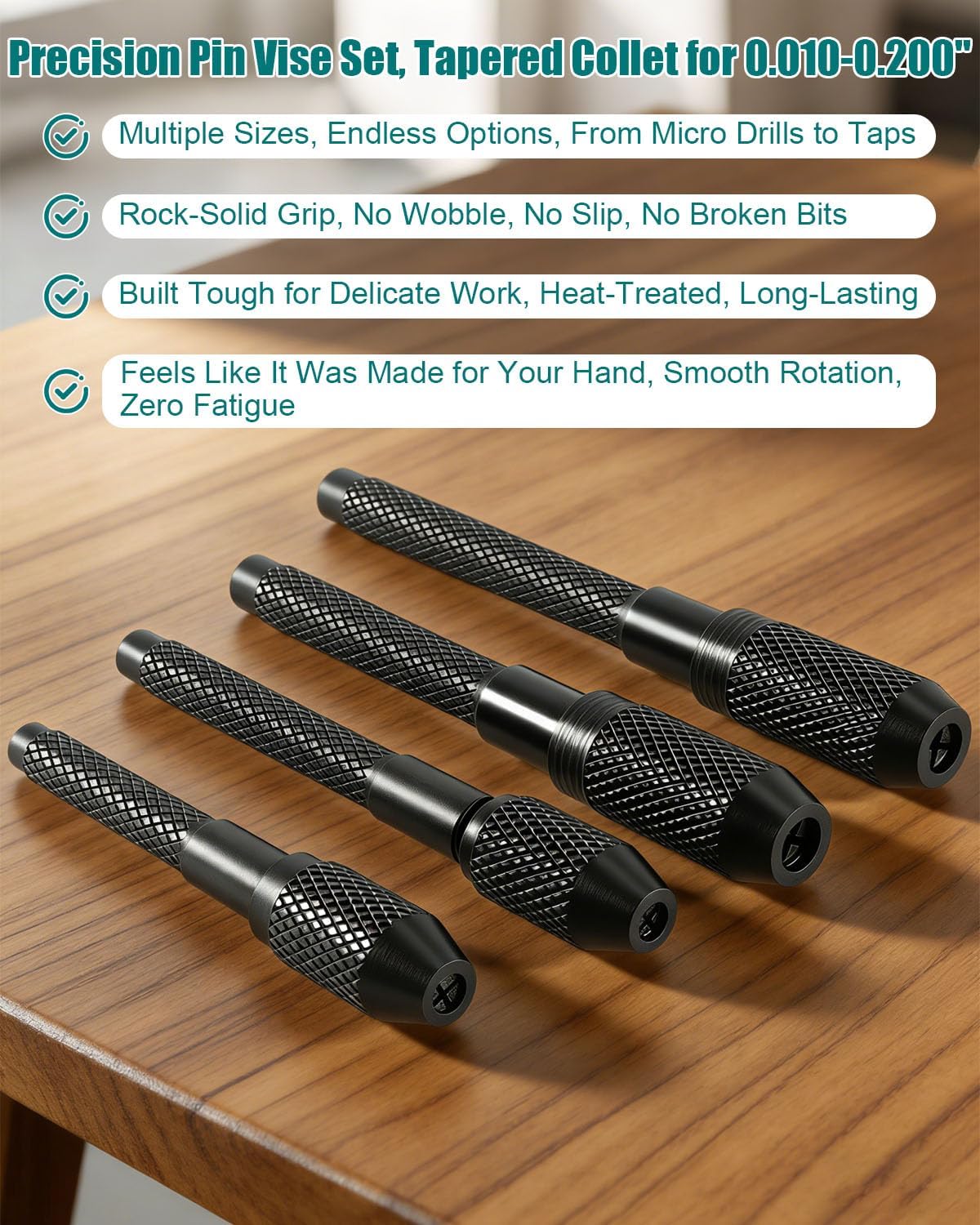 Precision Pin Vise Set with Knurled Handles, Tapered Collet for .010-.200" Small Bits Taps & Needles, Micro Drill Holder for Jewelry Making, Model Building, Electronics Repair & Fine Craft Work