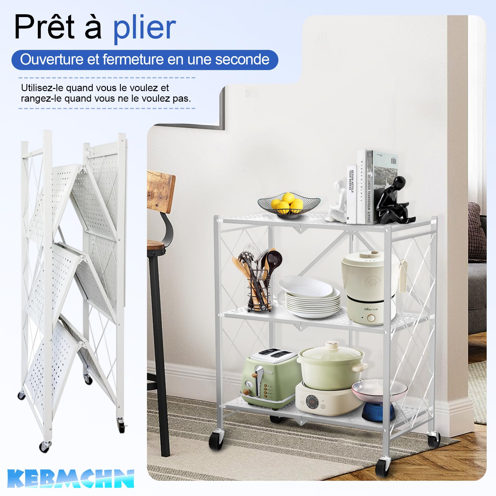 Étagère de Rangement 3 Étage Métallique Pliable avec roulettes, Tablette Autoportante, Chariot de Stockage Pliable 71,5 x 36,5 x 87 cm pour Cuisine, Bureau ou Buanderie (Blanc)
