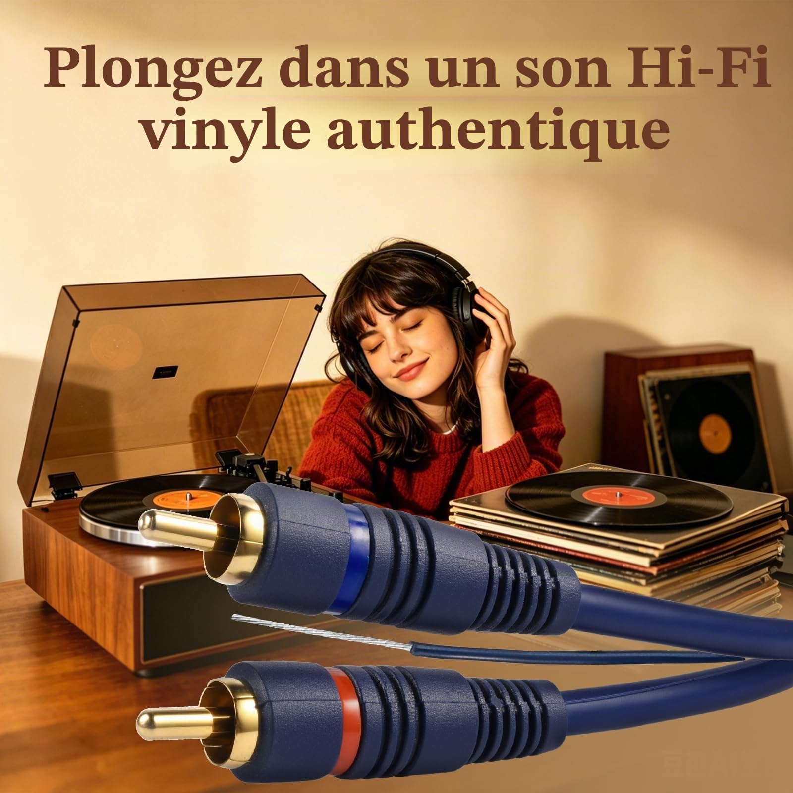 UIInosoo Câble RCA avec fil de terre, 1,8 m plaqué or 2RCA mâle vers 2RCA mâle, interconnexion stéréo pour platine, préamplificateur, tourne-disque, amplificateur