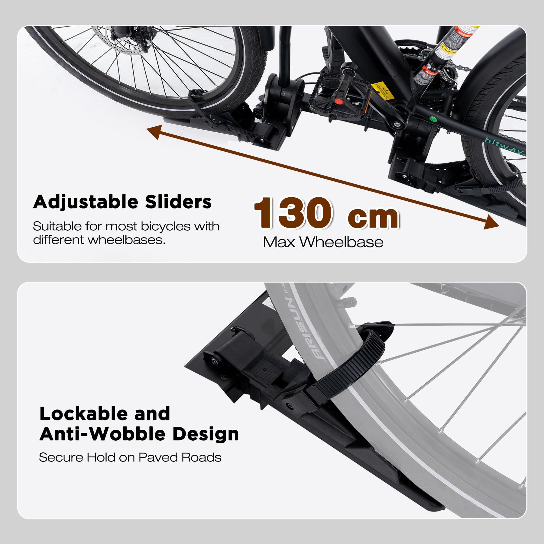 HITWAY Portabici per 2 biciclette elettriche, capacità di carico 60 kg, pedali pieghevoli, luci posteriori a LED, premontato, nero