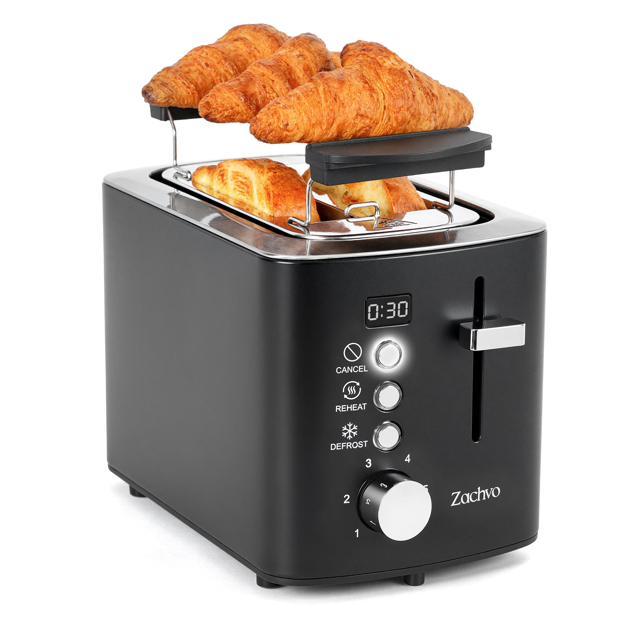 Edelstahl 2 Scheiben Toaster mit LED-Countdown & Brötchenaufsatz mit 2 Auflagestreben, 6 Bräunungsstufen, Auftauen, Aufwärmen und Stopp-Funktion, Krümelschublade, 1,1 m Kabel, Mattschwarz