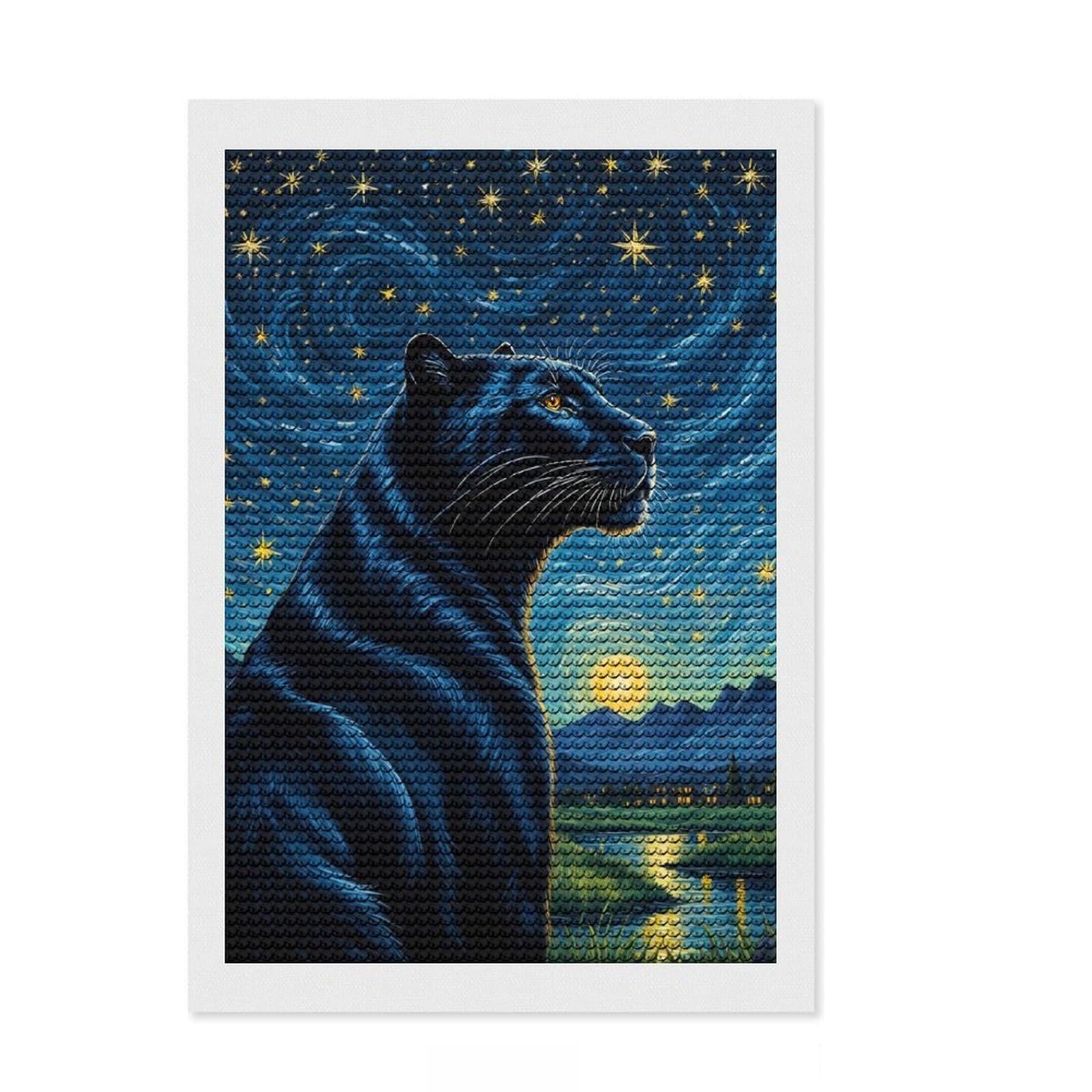 Junmoney Animal Panther Starry Night Diamond Art Canvas 8"x12", for Beginners, Printed Canvas, Farmhouse Decor, Birthday Gift, Relaxing DIY Hobby