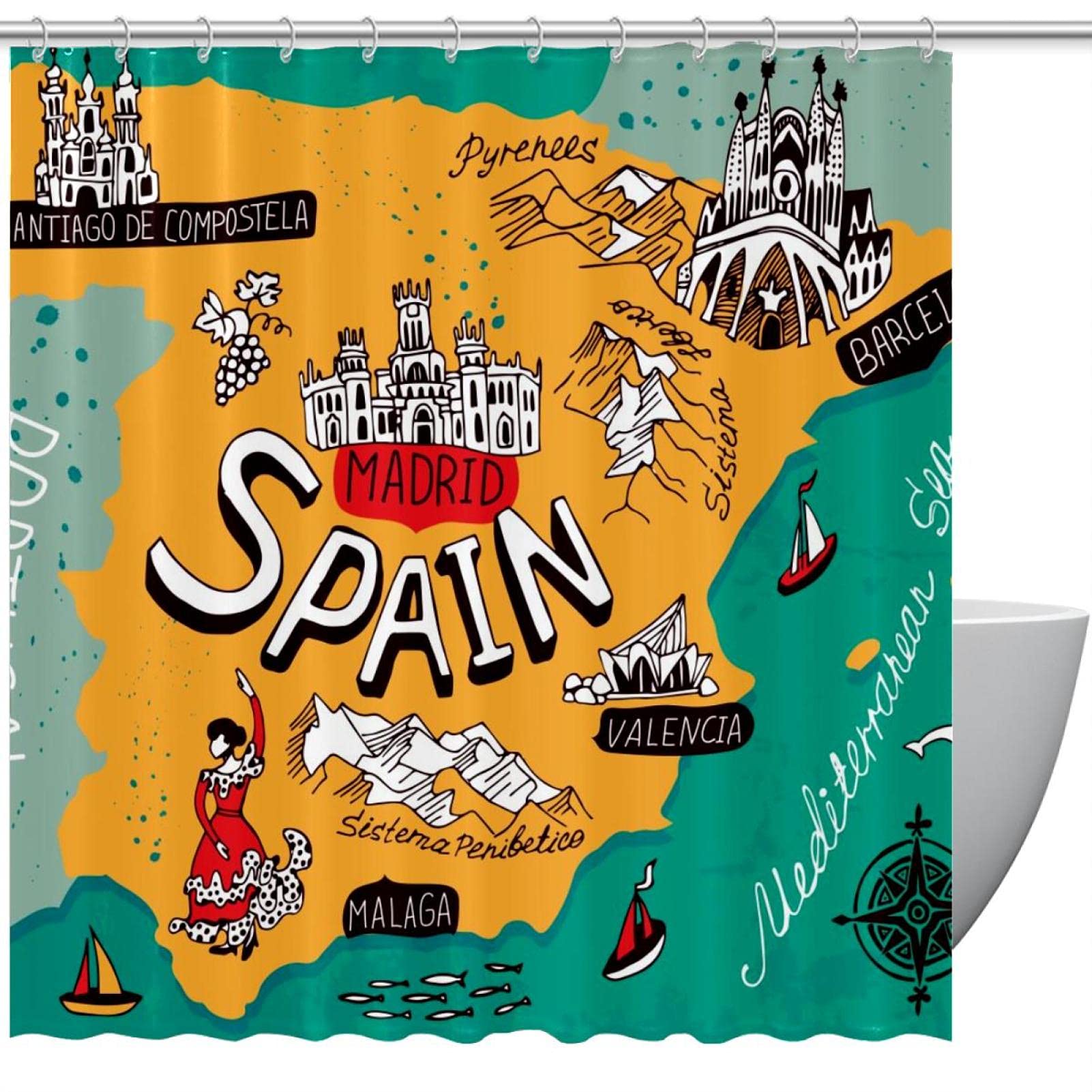 Rideau de douche imperméable carte Espagne 183x183 avec 12 crochets