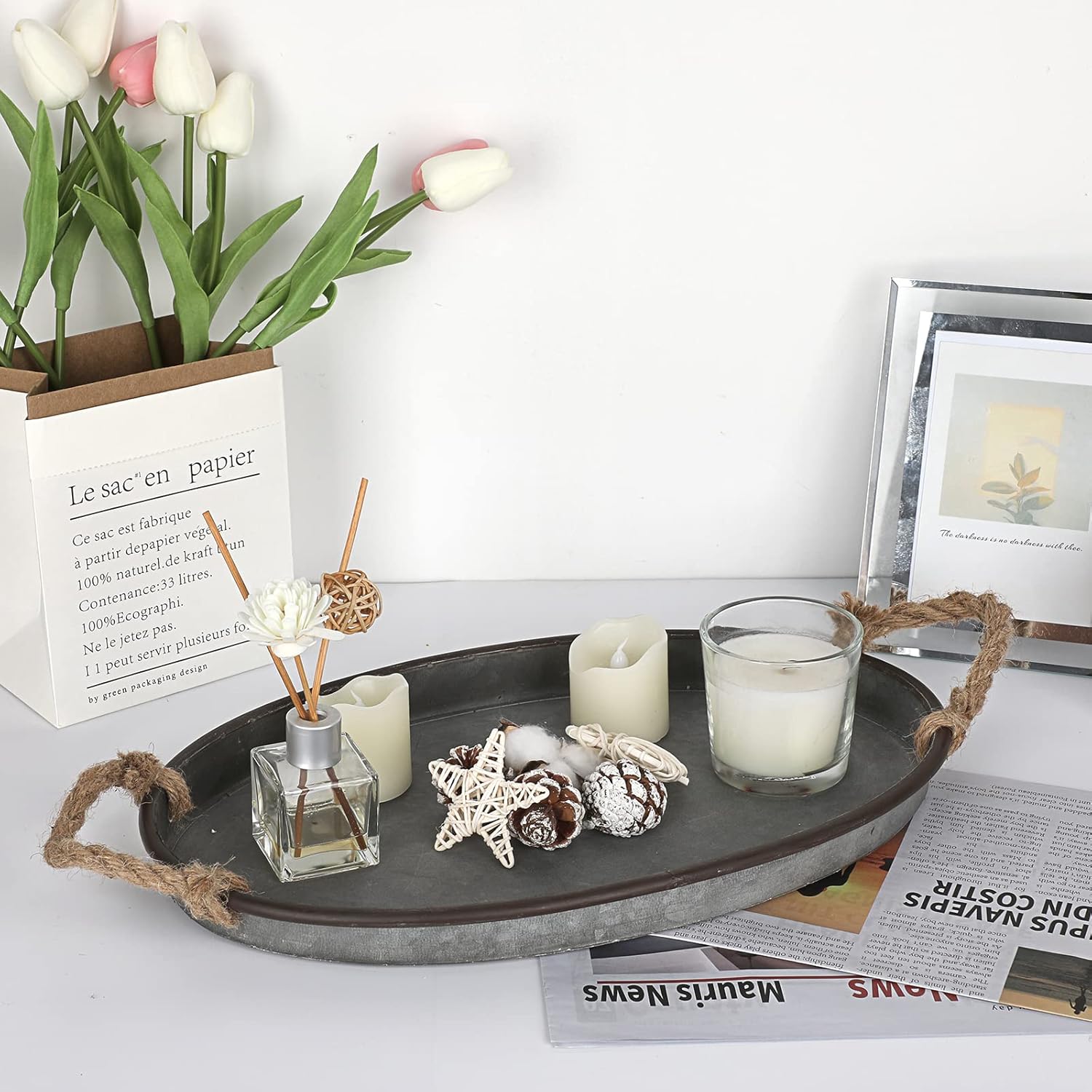 Hipiwe Galvanized Metal Iron Oval Tray with Rope Handle Farmhouse Serving Tray Rustic Industrial Decorative Centerpiece for Coffee Table Weddings and Parties Decor, Large - Image 8