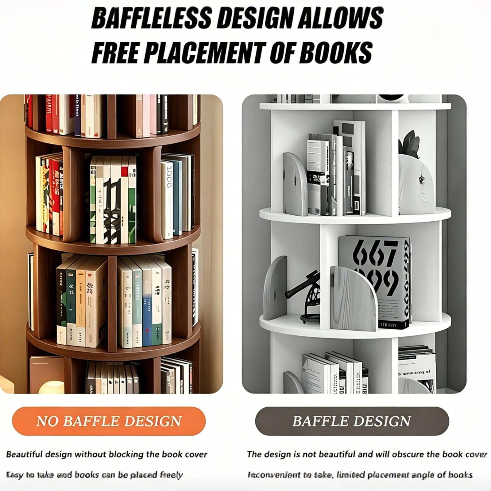 6-stöckige Drehbare Bücherregale aus Massivholz mit Rädern - Runde Bücherregalaufnahme um 360° - Drehbare Bücherregale für kleine Räume, Wohnzimmer, Büros und Schlafzimmer (Nussholz)