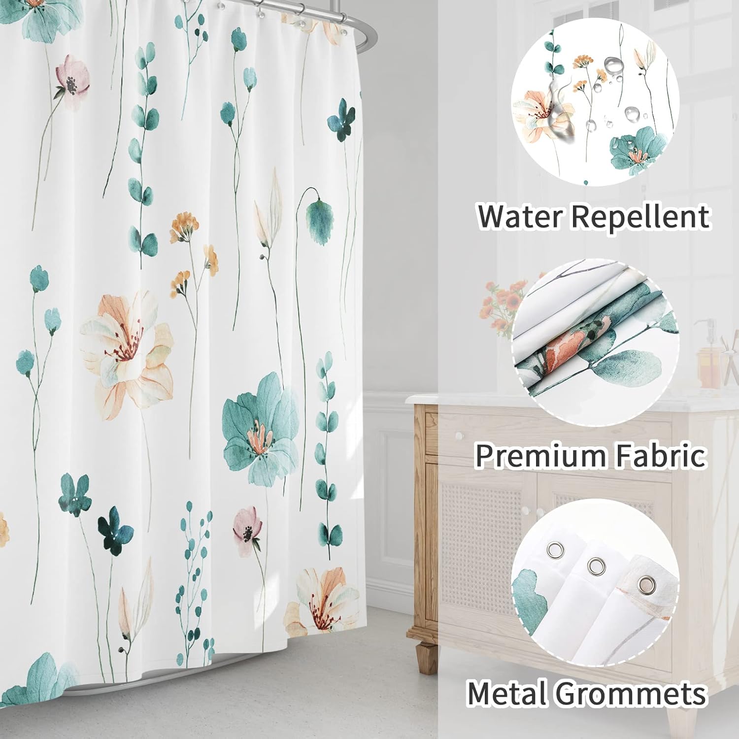 Gibelle Extra Long Shower Curtain 72 x 84, Watercolor Floral Fabric Shower Curtain, Teal Beige Flower Decorative Bathroom Shower Curtain Set