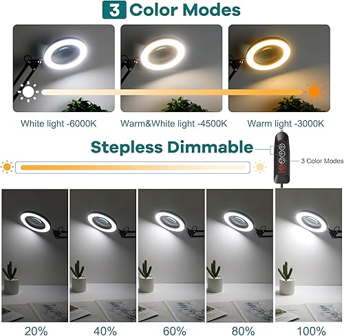 Miniatura 3 de Drdefi - Lupa 10X con luz y soporte, lupa LED 2 en 1, 3 modos de color regulable continuo, lámpara de escritorio con aumento manos libres con