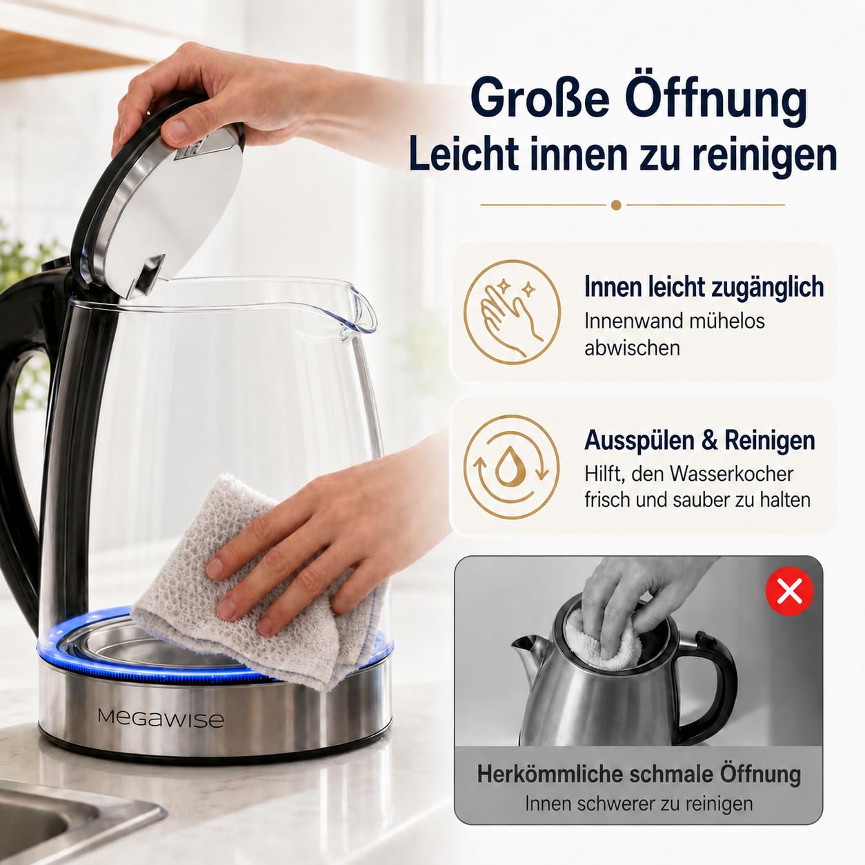 MEGAWISE 1.8L gesunder elektrischer Wasserkocher, 1000W Borosilikatglas Teekessel mit Lebensmittelqualität Material, Auto Shut-Off und Boil-Dry Schutz Akku Wasserkocher schnell kochend, BPA frei