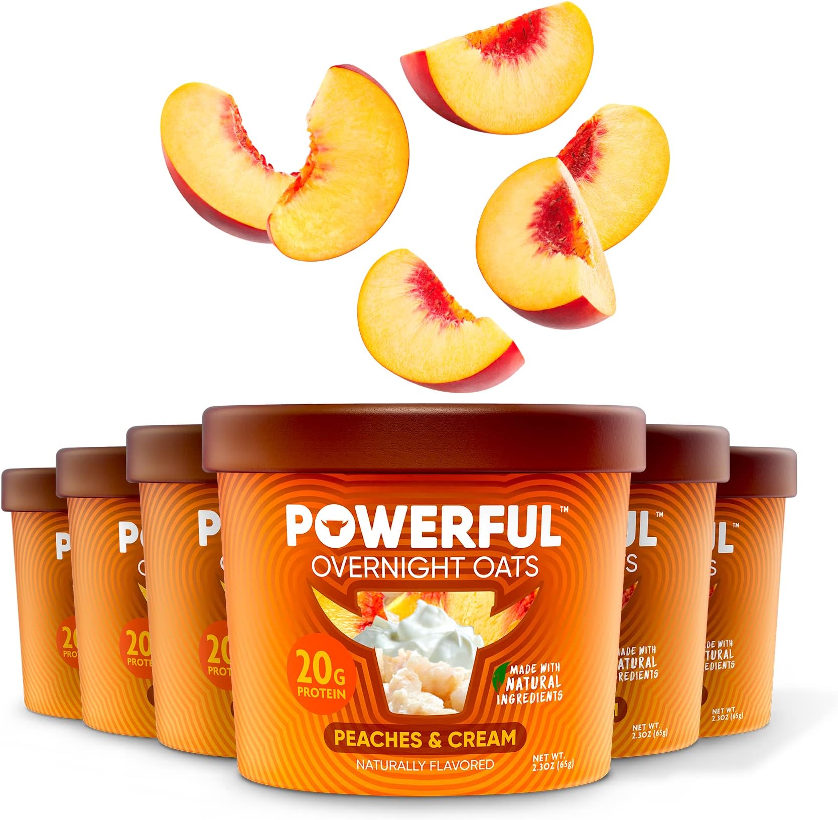 Powerful Overnight Oats Oatmeal Cup, High Protein, Whole Grain, Kosher, Natural Ingredients, 20g Protein, Peaches and Cream, 6 Pack