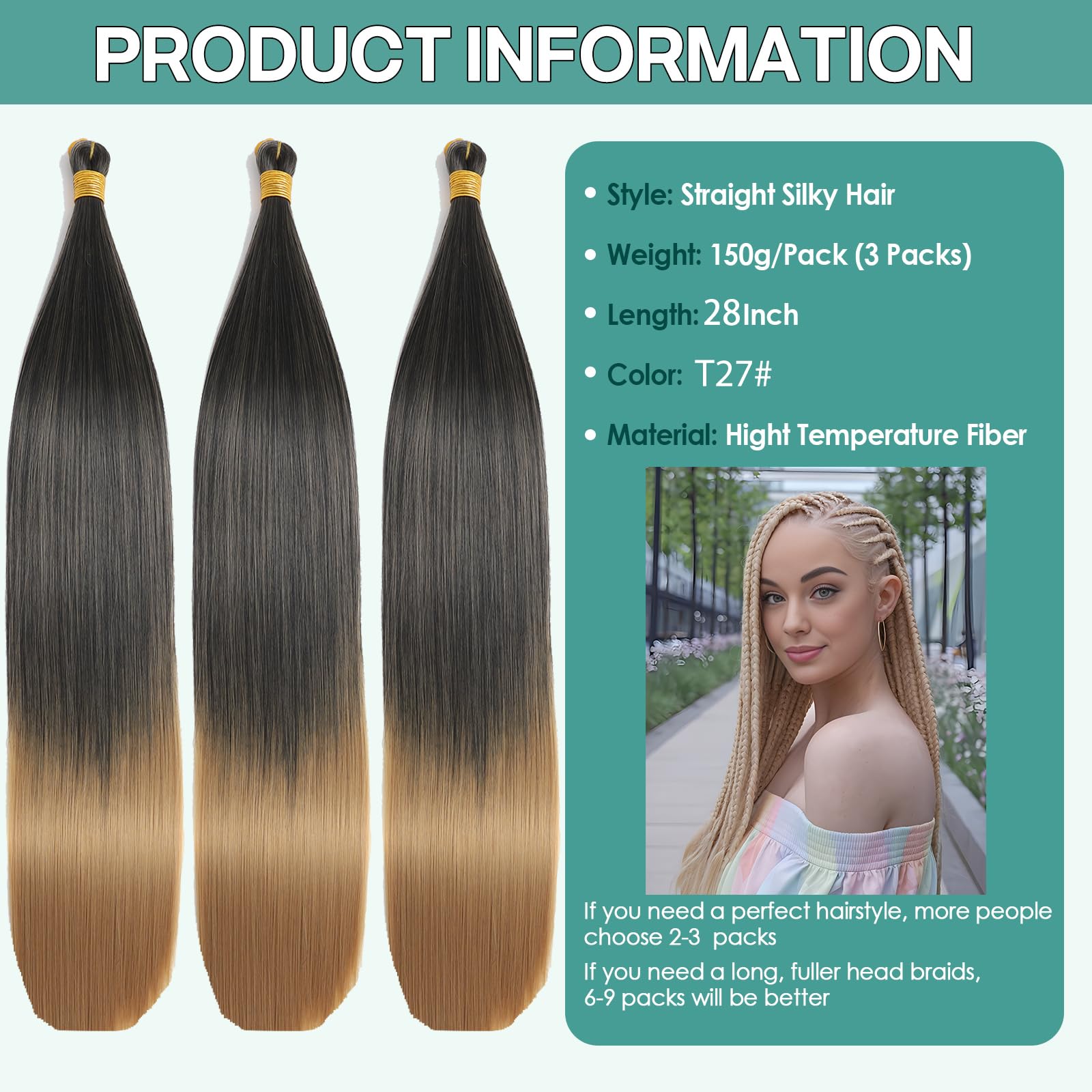 Locescsoc 28 Inch Straight Hair Extensions 150g 3 Packs Bone Straight Braiding Hair - Image 2