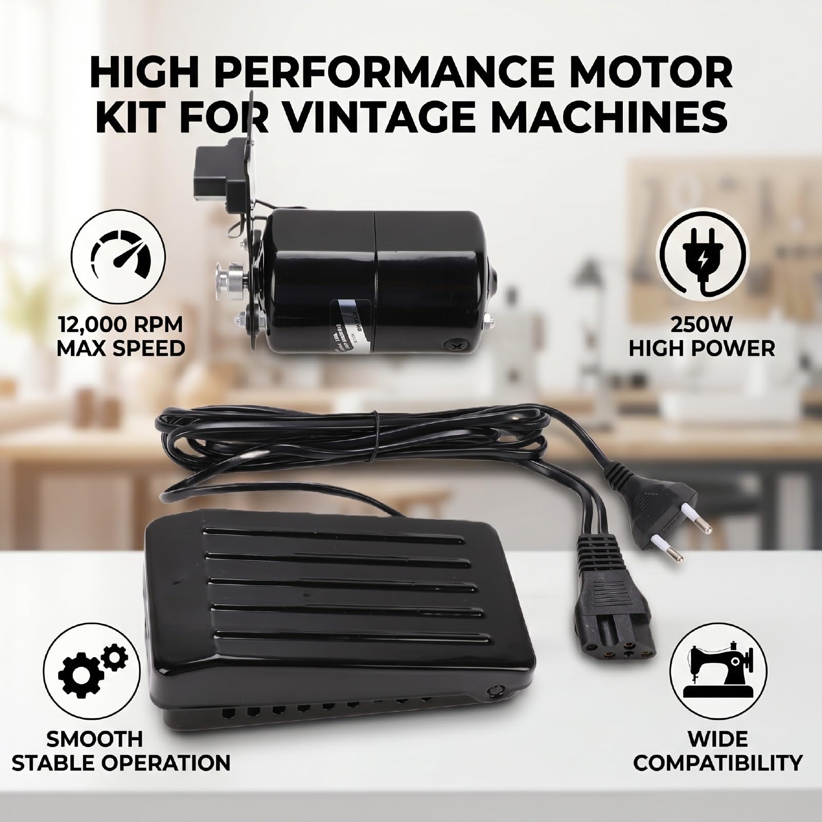 Haofy Motor de Máquina de Coser 250W 12000RPM Kit de Pedal de Pie Motor de Repuesto de Alta Velocidad con Controlador de Velocidad Variable para Máquinas de Coser Domésticas Antiguas