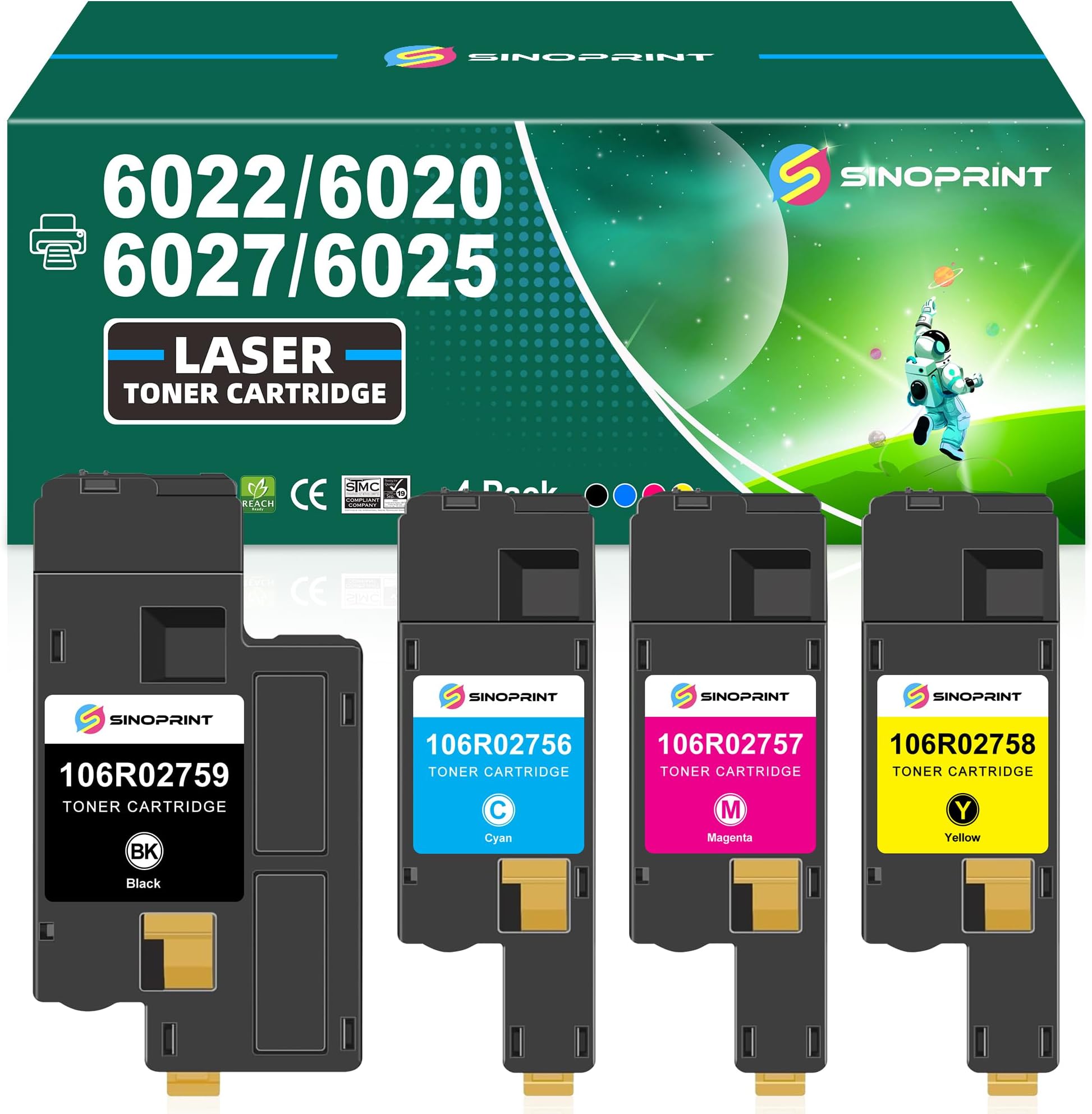 Phaser 6022, Compatible 6020 Toner Cartridge Replacement for Xerox WorkCentre 6027 6025 Phaser 6020 6022 High Yield 106R02759 106R02756 106R02757 106R02758 (Black Cyan Yellow Magenta,4-Pack)