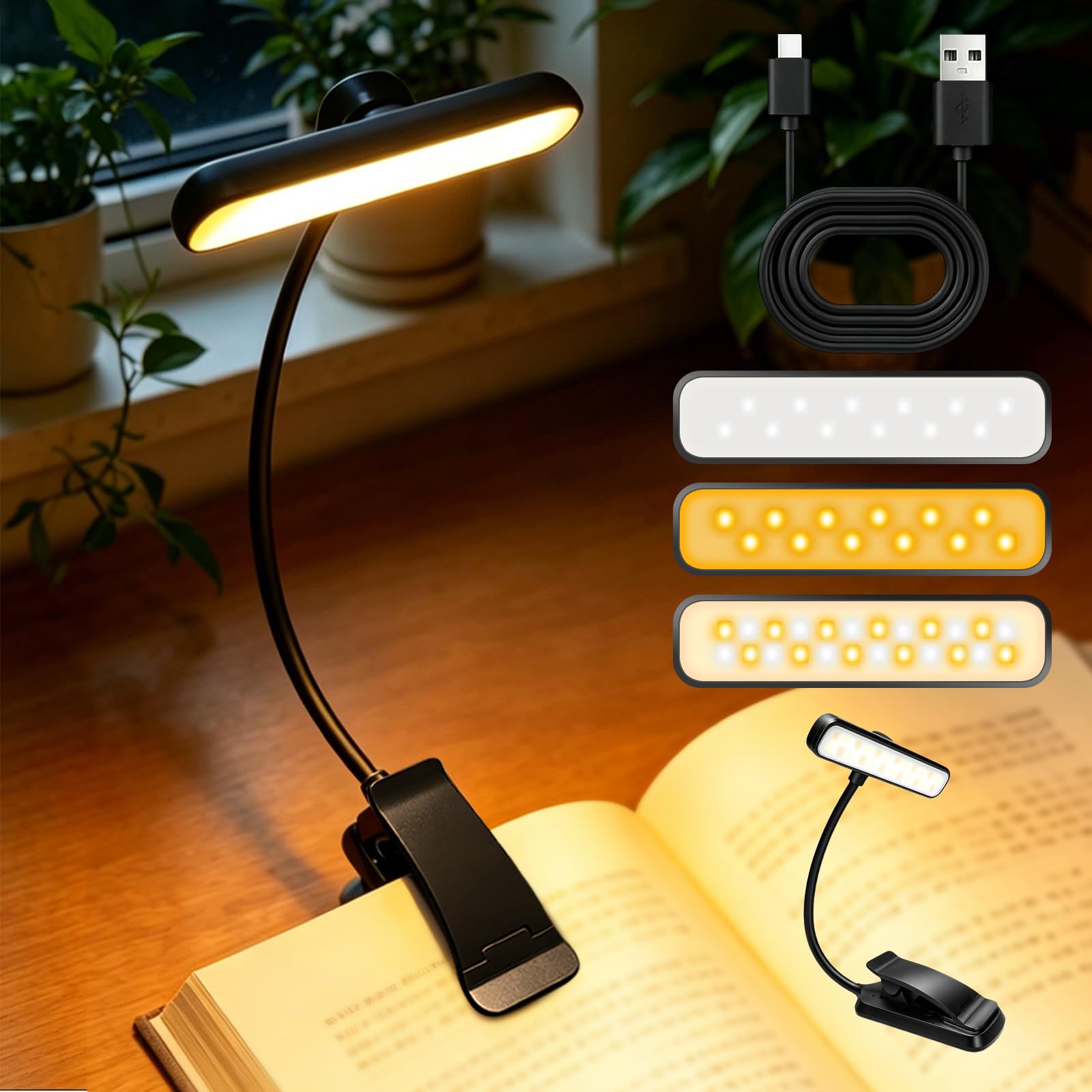 TINYOUTH 24LED Clip on Book Light, 1000mAh USB Rechargeable Book Reading Light Stepless Dimming 3 Light Modes Clip on Desk 80 Hours Long Lasting for Reading in Bed