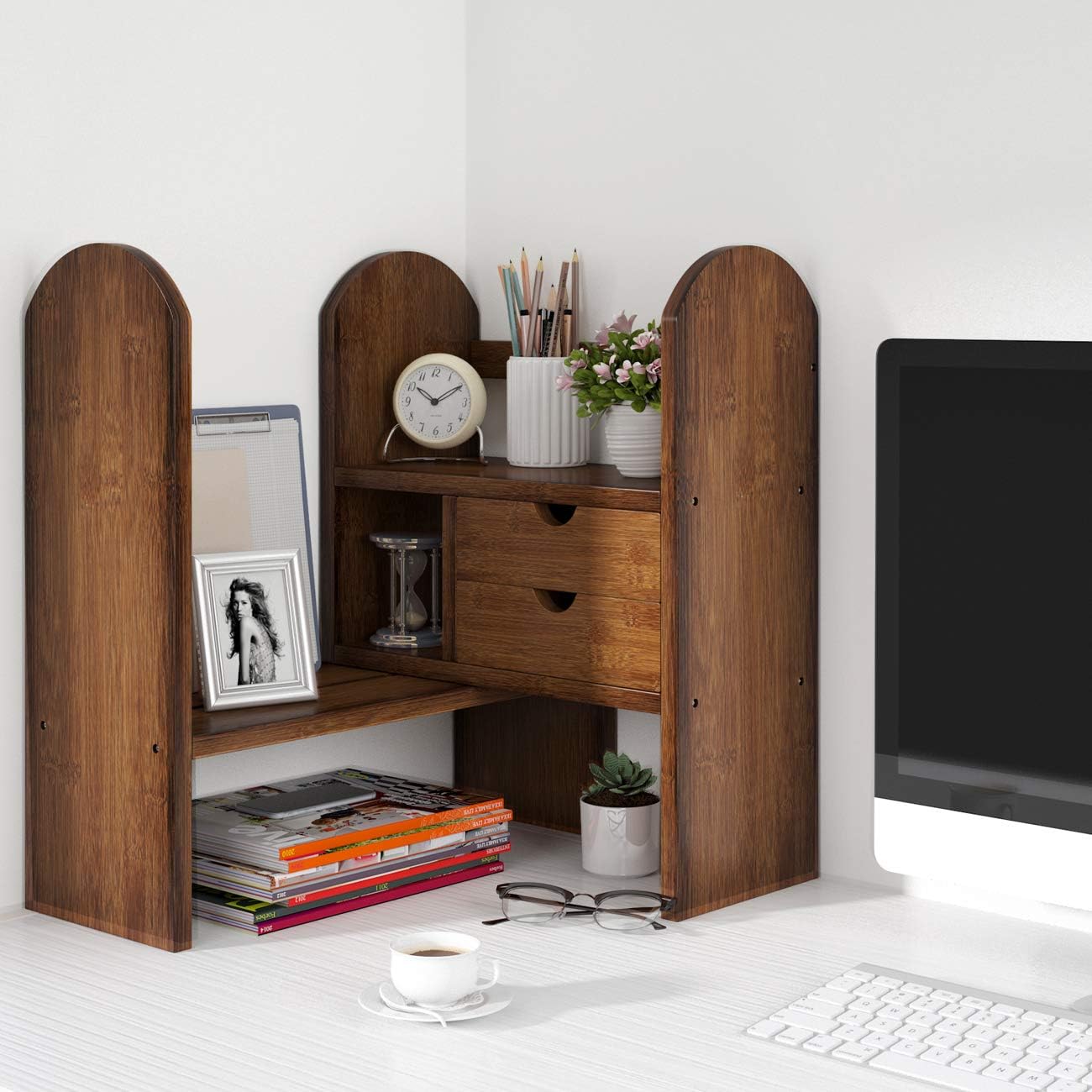 Tribesigns Bamboo Desktop Bookshelf Counter Top Bookcase Adjustable with 2 Drawers, Desk Storage Organizer Display Shelf Rack for Office Supplies, Kitchen,Bathroom, Makeup (Retro Brown)