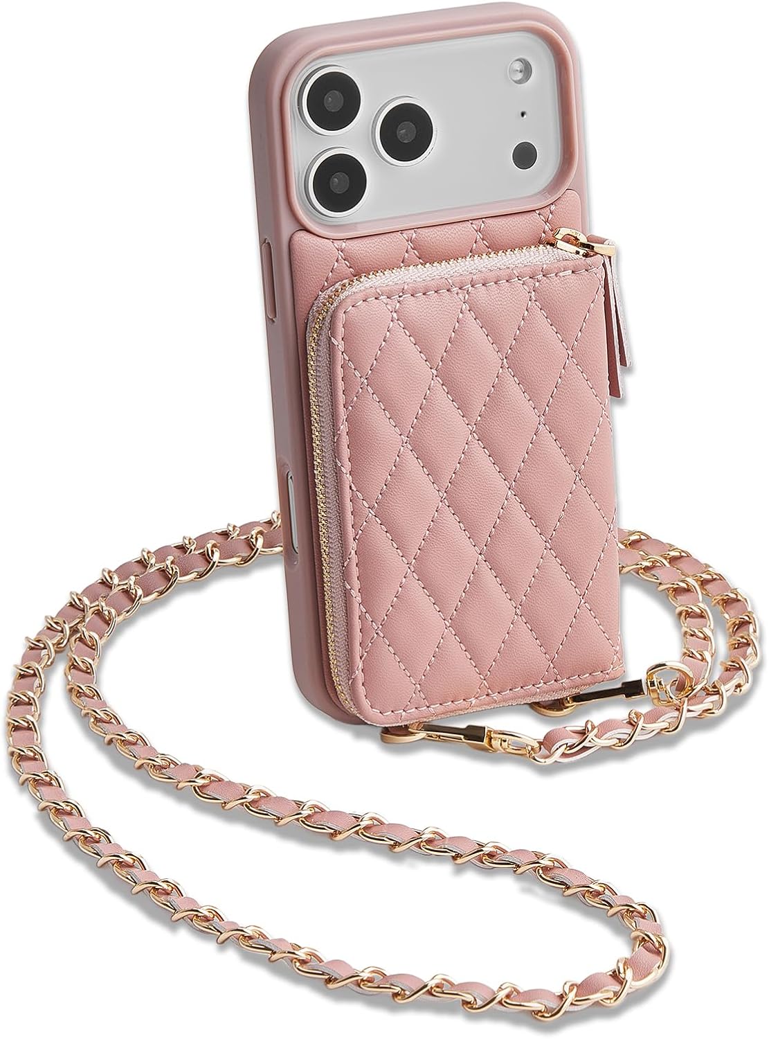 LAMEEKU for iPhone 17 Pro Max Crossbody Case Wallet, Leather Zipper Cover with Card Holder Wrist Strap for Women 6.9'' Pink