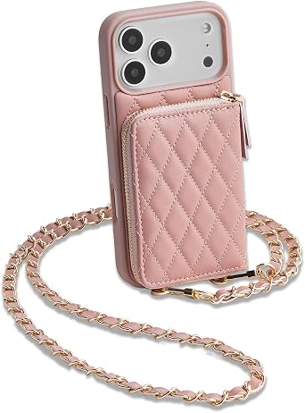 LAMEEKU for iPhone 17 Pro Max Crossbody Case Wallet, Leather Zipper Cover with Card Holder Wrist Strap for Women 6.9 Pink