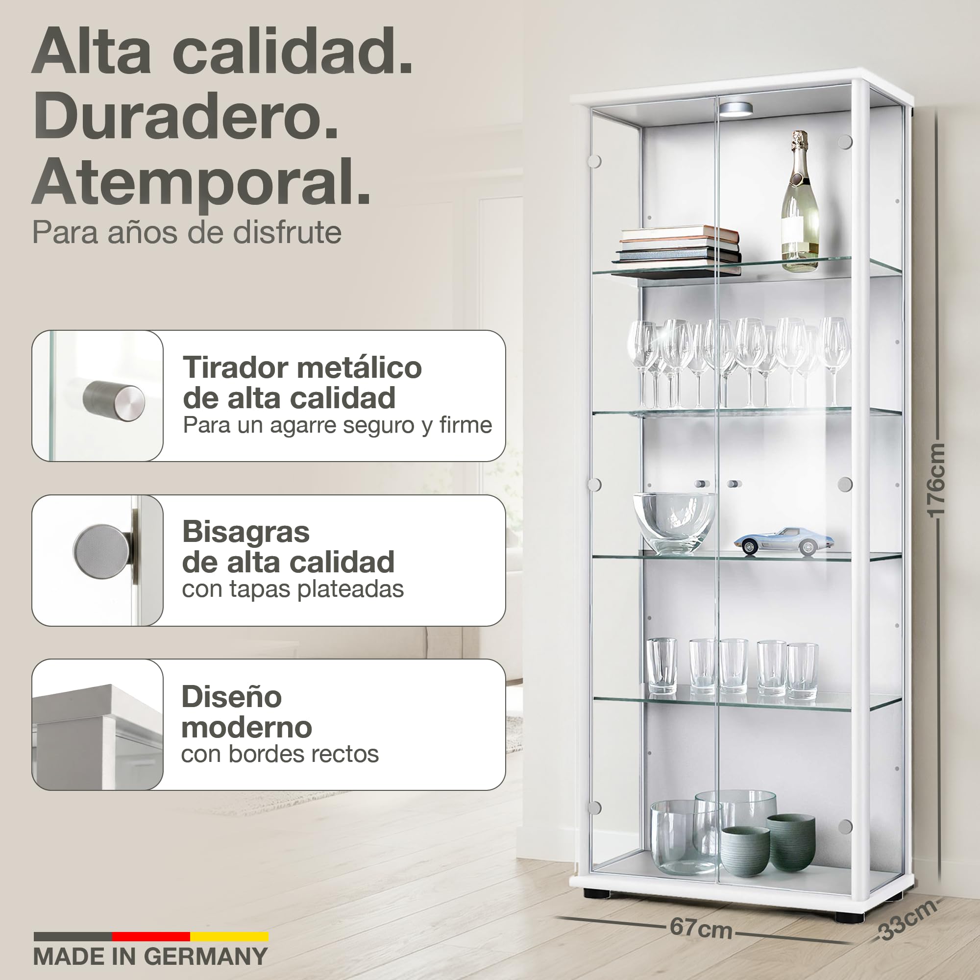 Vitrina de Cristal Blanca (176x67x33 cm) con 4 estantes de Cristal Regulables en Altura & LED - Vitrina Blanca Modelo Coche - Vitrina de colección