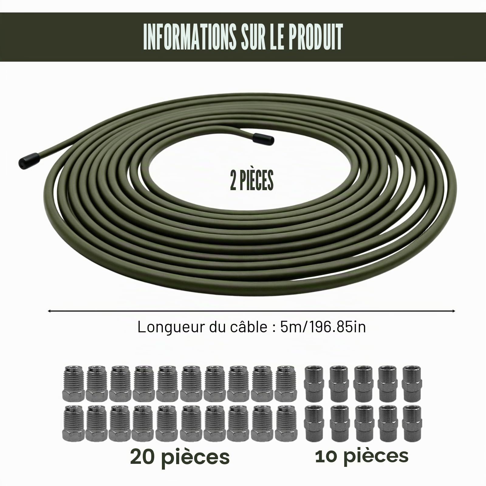 2 Pièces 5m Tuyau de Frein Ø 4,75 mm, Kit de Conduite Générale de Frein de Rechange avec 20 Raccords Et 10 Connecteurs, 3/16" Conduite Générale de Frein pour Voitures et Motos, Vert Militaire