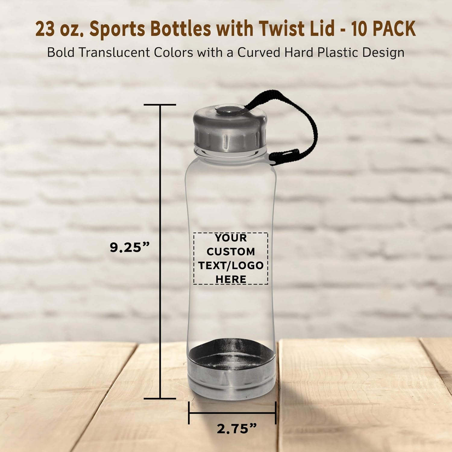 DISCOUNT PROMOS 10 Sports Bottles with Twist Lid Set, 23 oz. - Customizable Text, Logo - Metallic Base, BPA Free - Clear