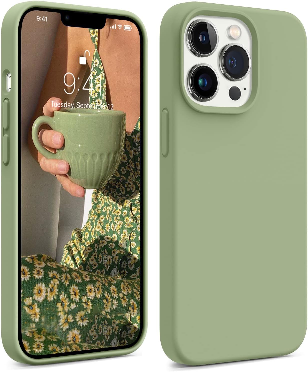 AOTESIER Compatible with iPhone 13 Pro Phone Case, [Military Shockproof Protection] Liquid Silicone Case with [Soft Anti-Scratch Microfiber Lining] Camera & Screen Protection 6.1 inch, Tea Green