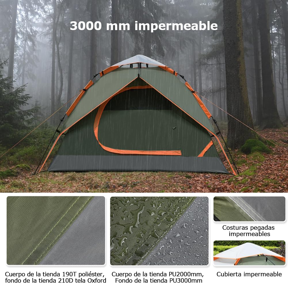 Tienda de Campaña 2-3 Personas, Tienda Pop Up Portátil, Tienda Instantánea con 2 en 1 Doble Capa, Anti Impermeable Viento, para Camping, Familiar, Senderismo, Mochileros