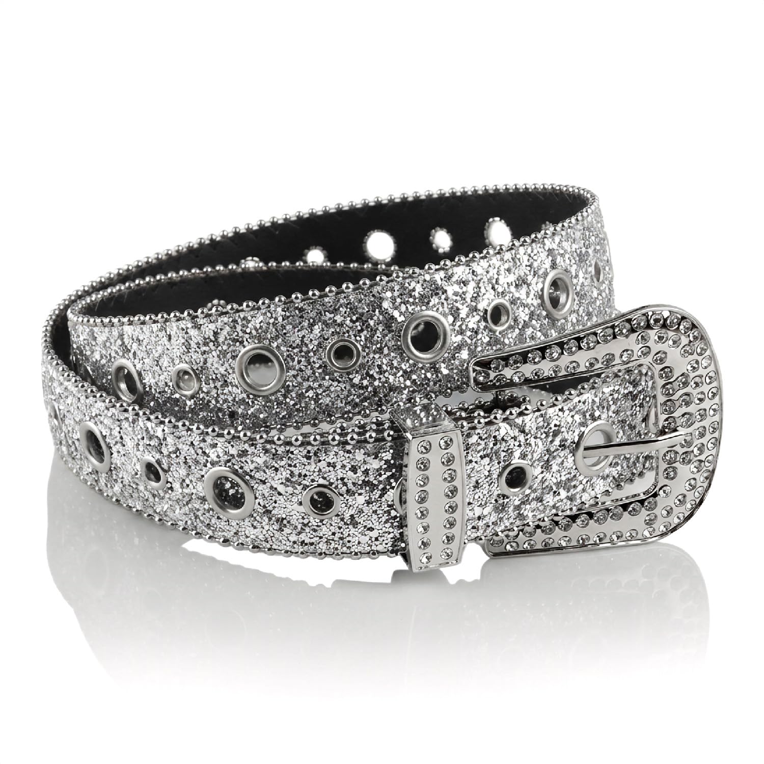 wellrun Rhinestone Belt for Women Men,Sparkly Silver Waist Belt with Crystal Buckle,Glitter Diamante Waistband for Dress Jeans,Elegant Punk Rock Accessory for Birthday Anniversary Party