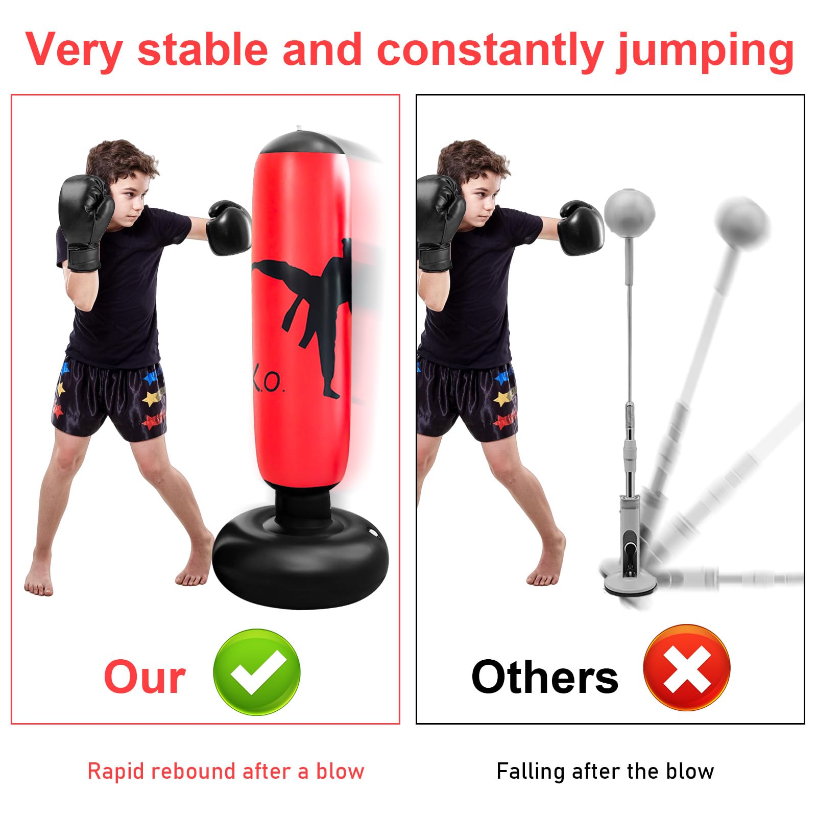 Sacco da boxe per bambini, 160 cm, per bambini, in piedi, con guantoni da boxe, gonfiabile, per interni, esterni, palestra, dai 3 ai 12 anni, per ragazzi e ragazze, colore rosso