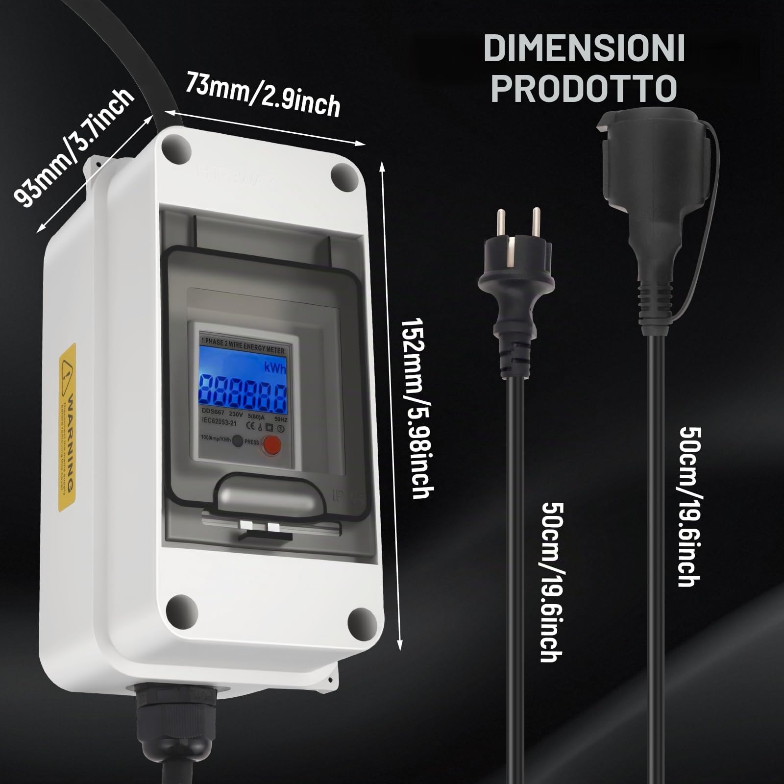 Contatore digitale mobile con reset, 230 V, 60 A, misuratore intelligente CEE per esterni, KWH, IP65, alloggiamento impermeabile per camper, veicoli elettrici, prese