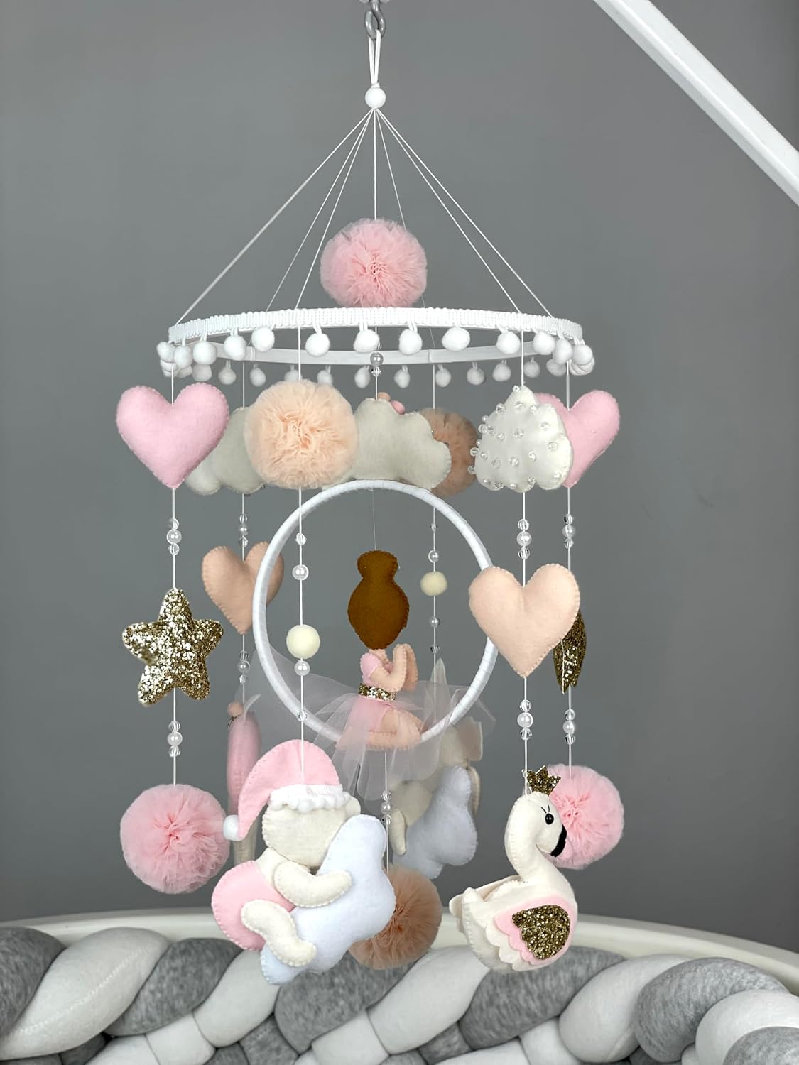 Baby Crib Mobile Girl Princess Nursery Decor Swan Mobile Pink Boho Mobile Felt Animals Hanging Mobile Baby Mobile Girl New Baby Gift Princess Baby Shower